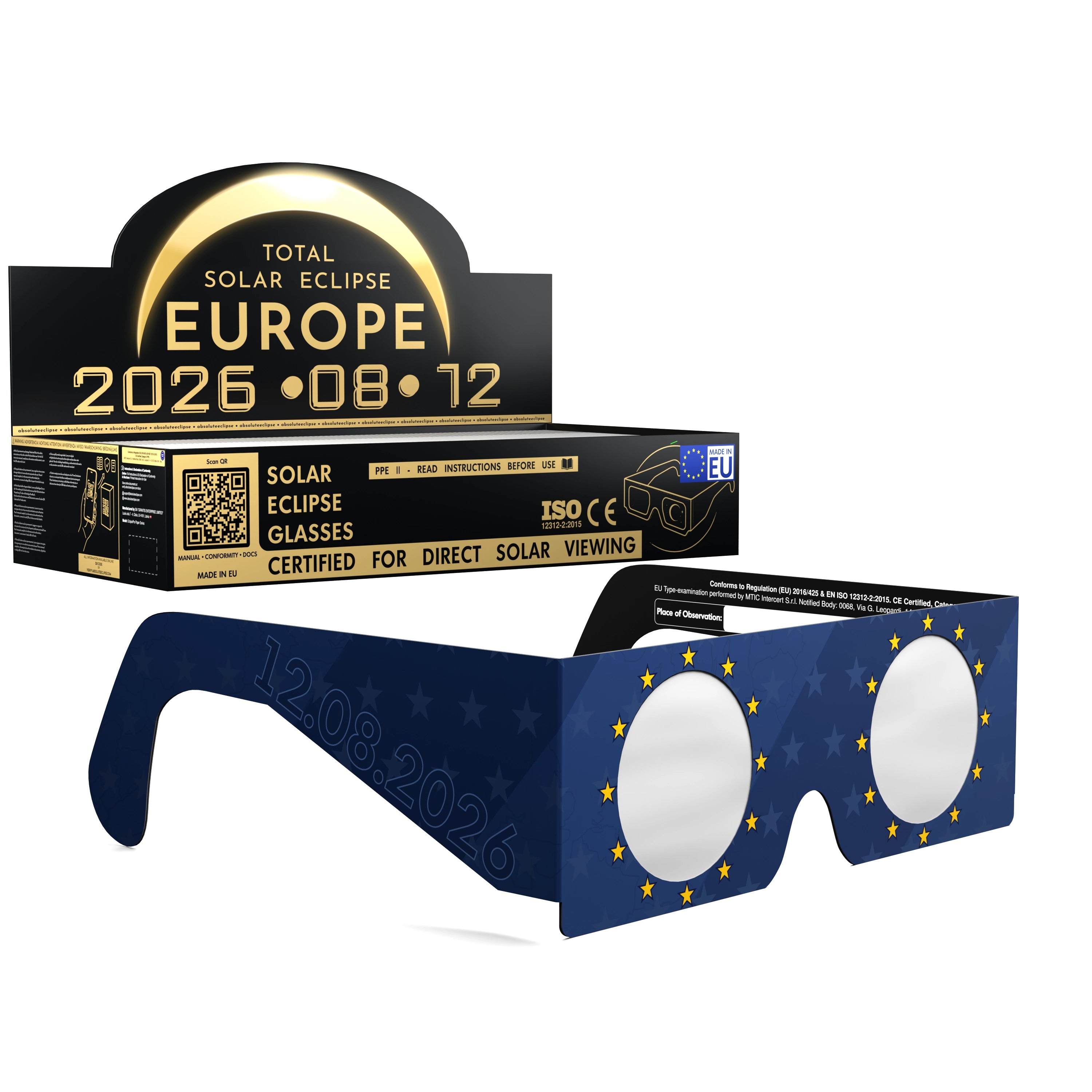 Solar Eclipse Glasses with EU design, CE Certified and ISO Compliant - Packaging Image of 100-Pack