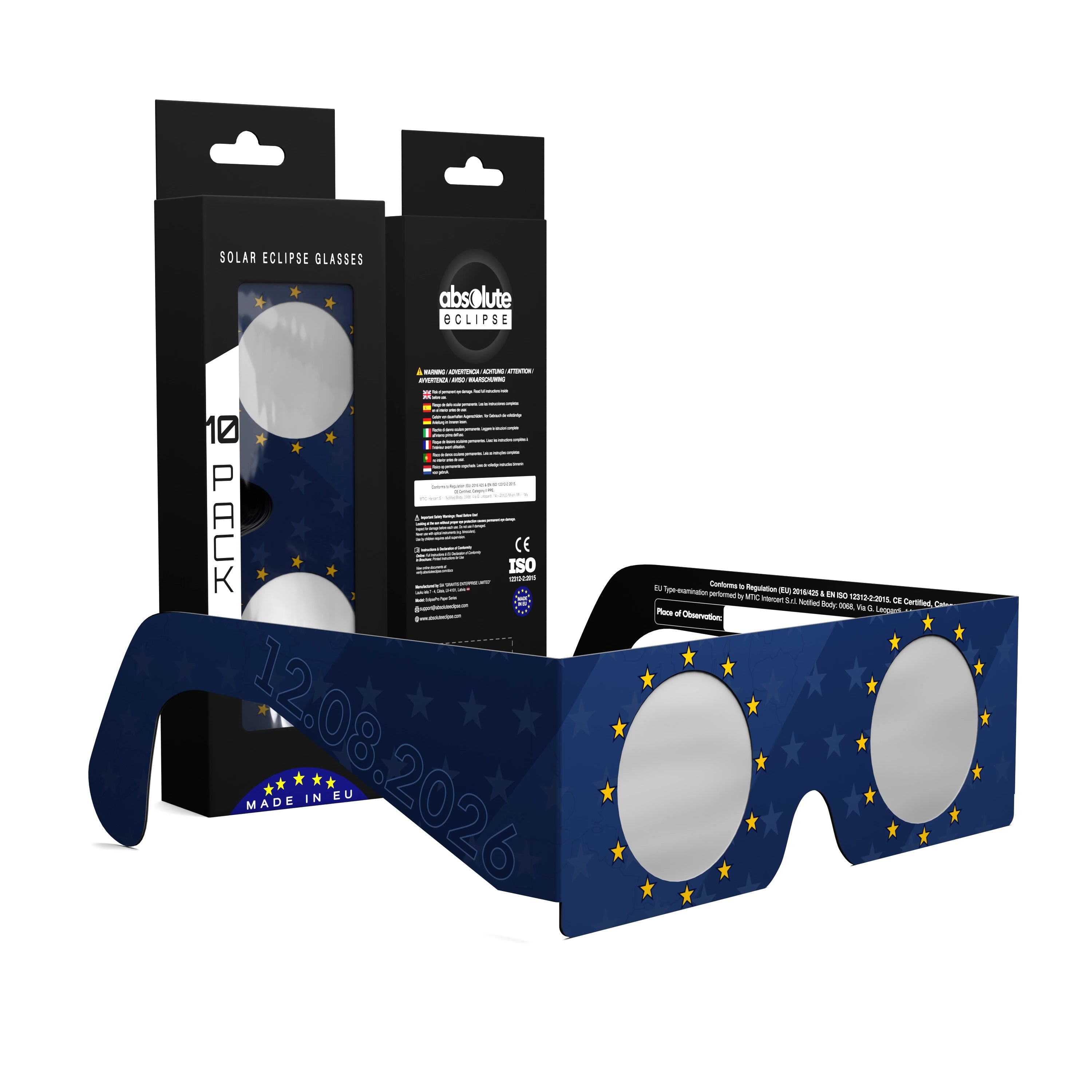 Solar Eclipse Glasses with EU design, CE Certified and ISO Compliant - Packaging Image of 10-Pack