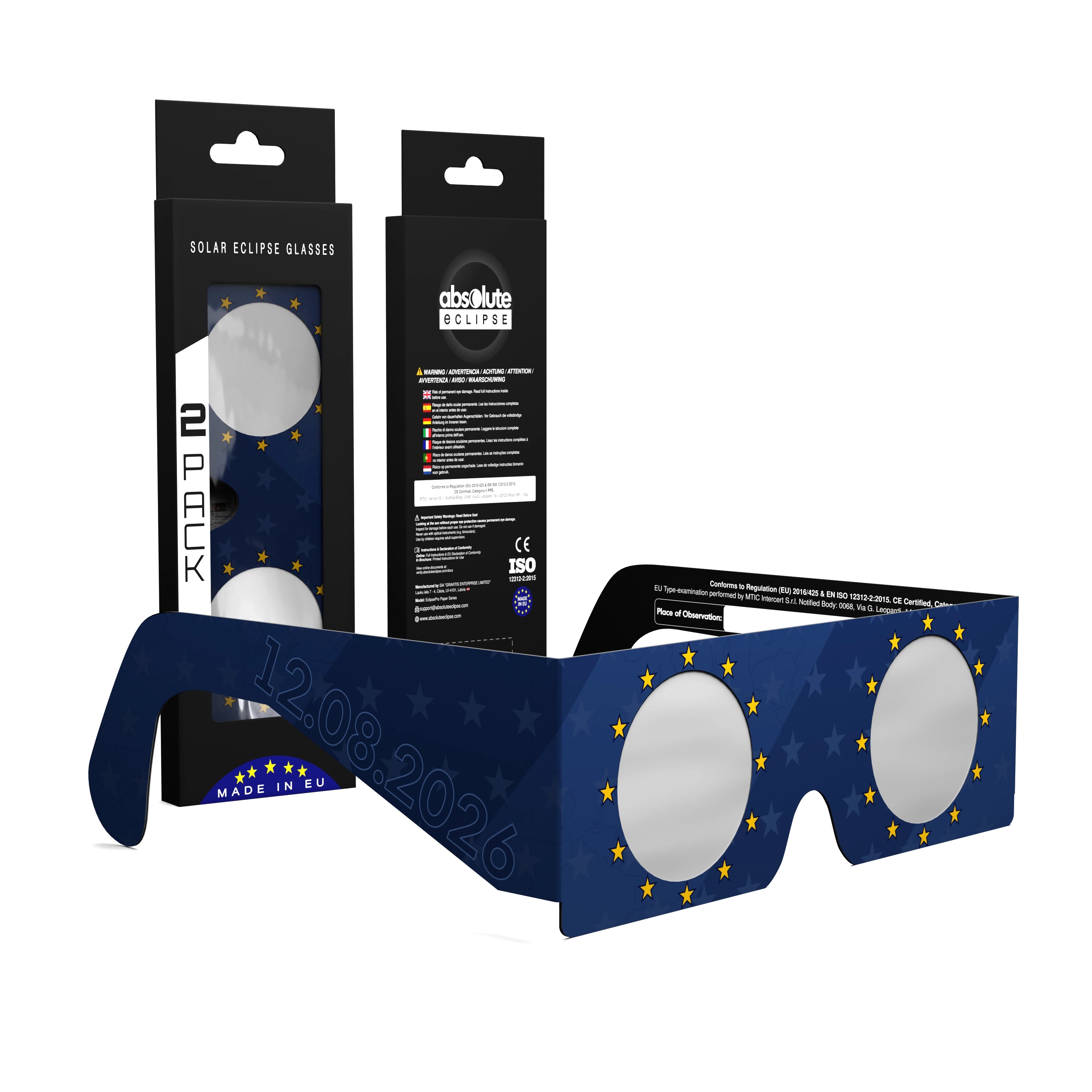 Solar Eclipse Glasses with EU design, CE Certified and ISO Compliant - Packaging Image of 2-Pack