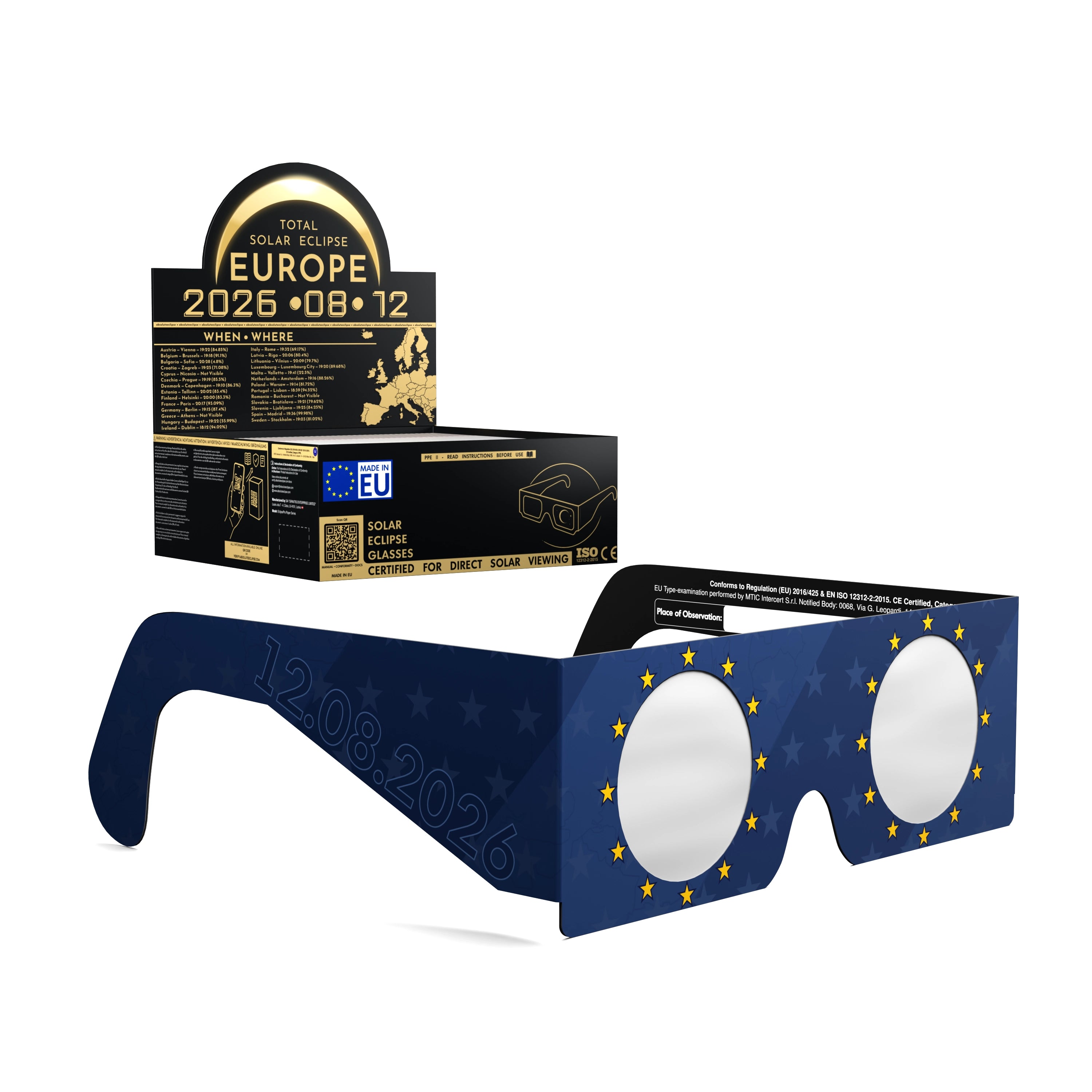 Solar Eclipse Glasses with EU design, CE Certified and ISO Compliant - Packaging Image of 50-Pack