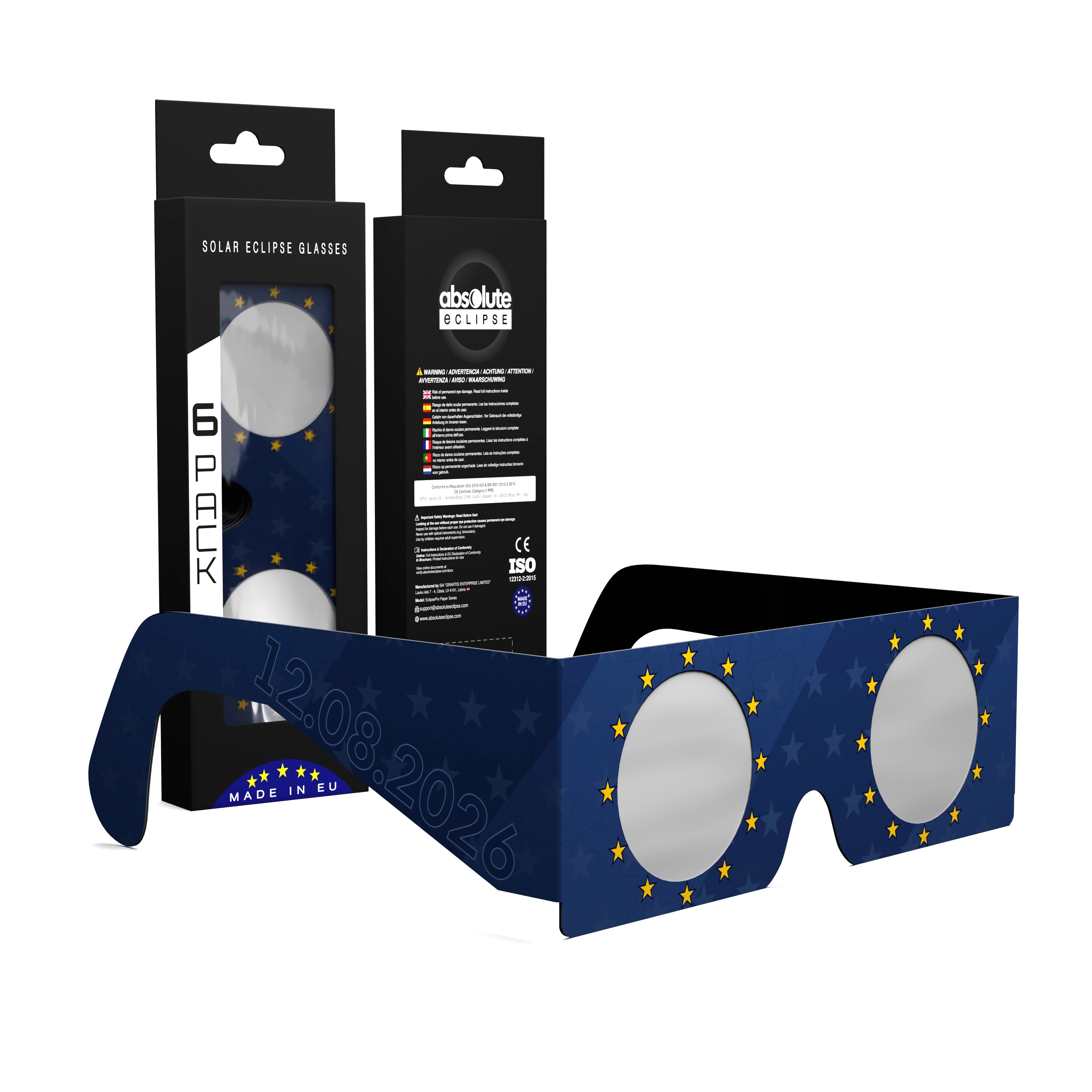 Solar Eclipse Glasses with EU design, CE Certified and ISO Compliant - Packaging Image of 6-Pack