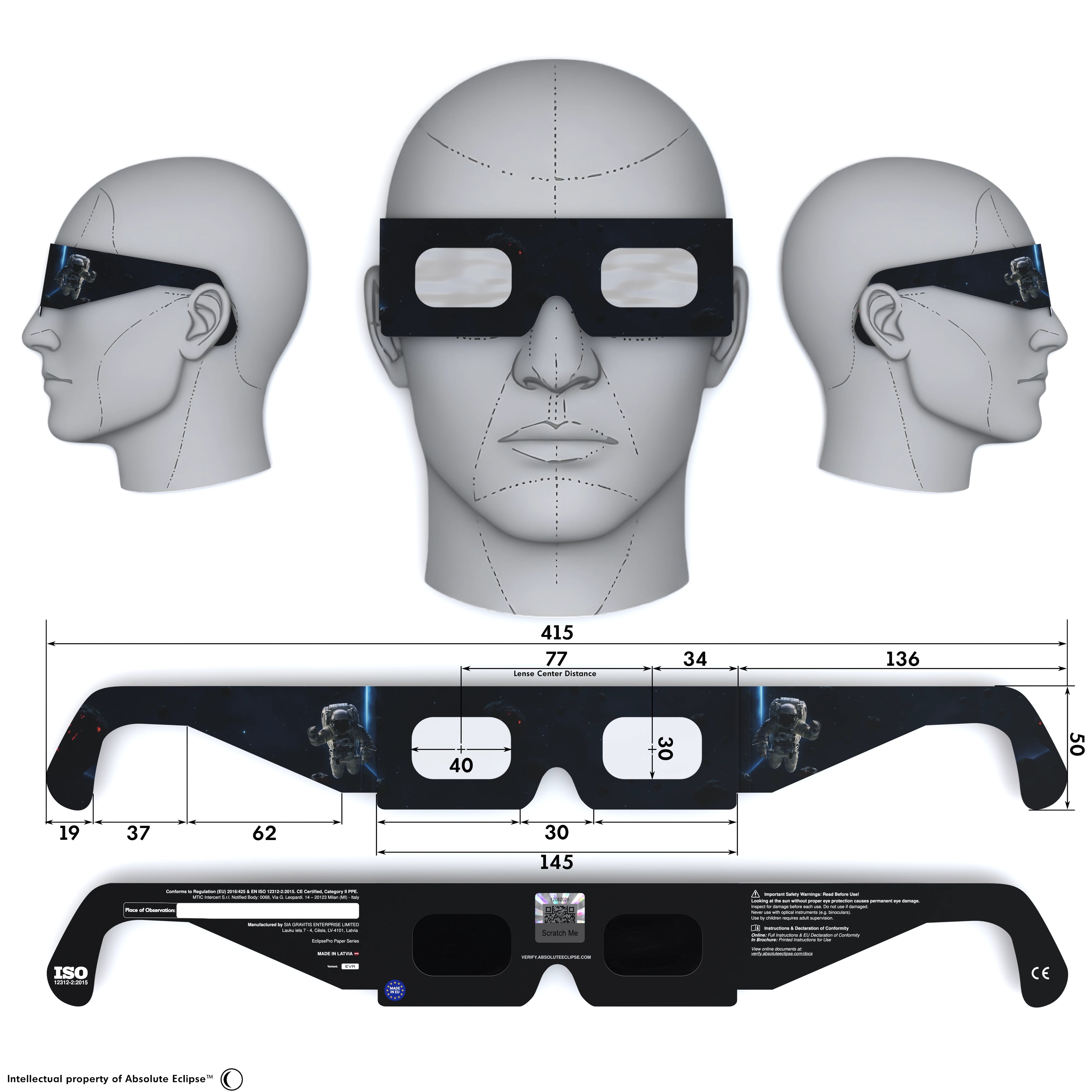 Solar Eclipse Glasses with EVA design, CE Certified and ISO Compliant - Back and Front View