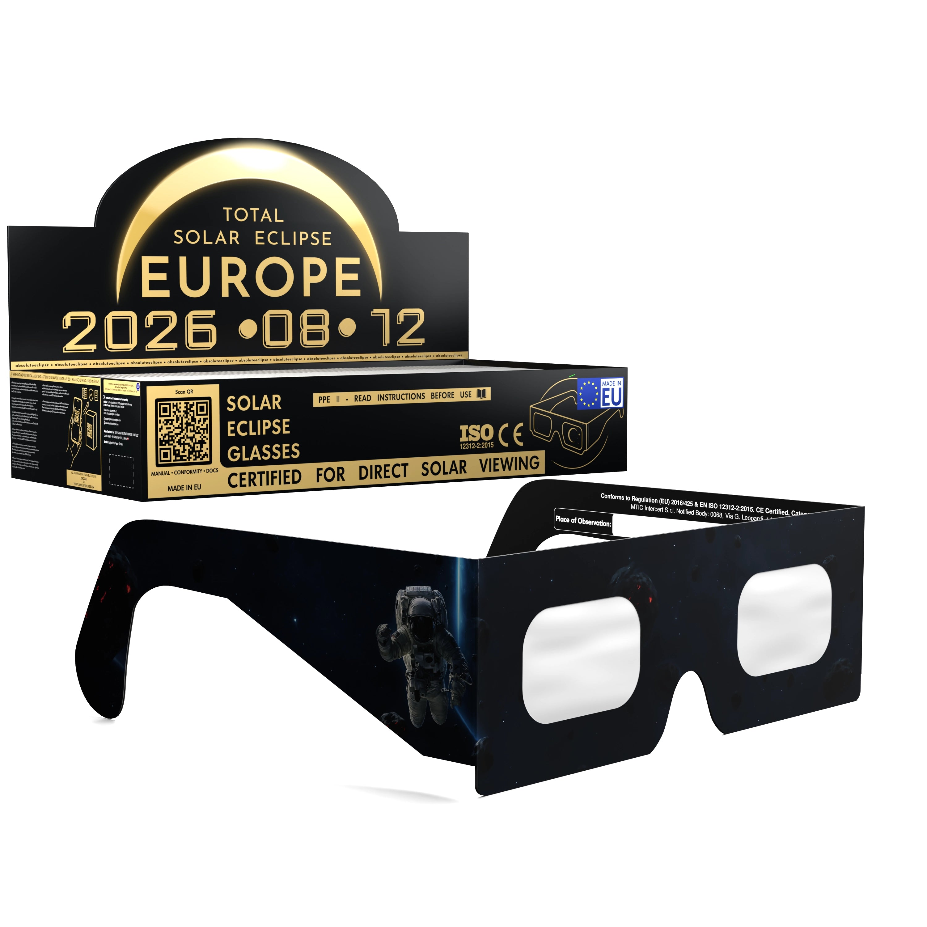 Solar Eclipse Glasses with EVA design, CE Certified and ISO Compliant - Packaging Image of 100-Pack