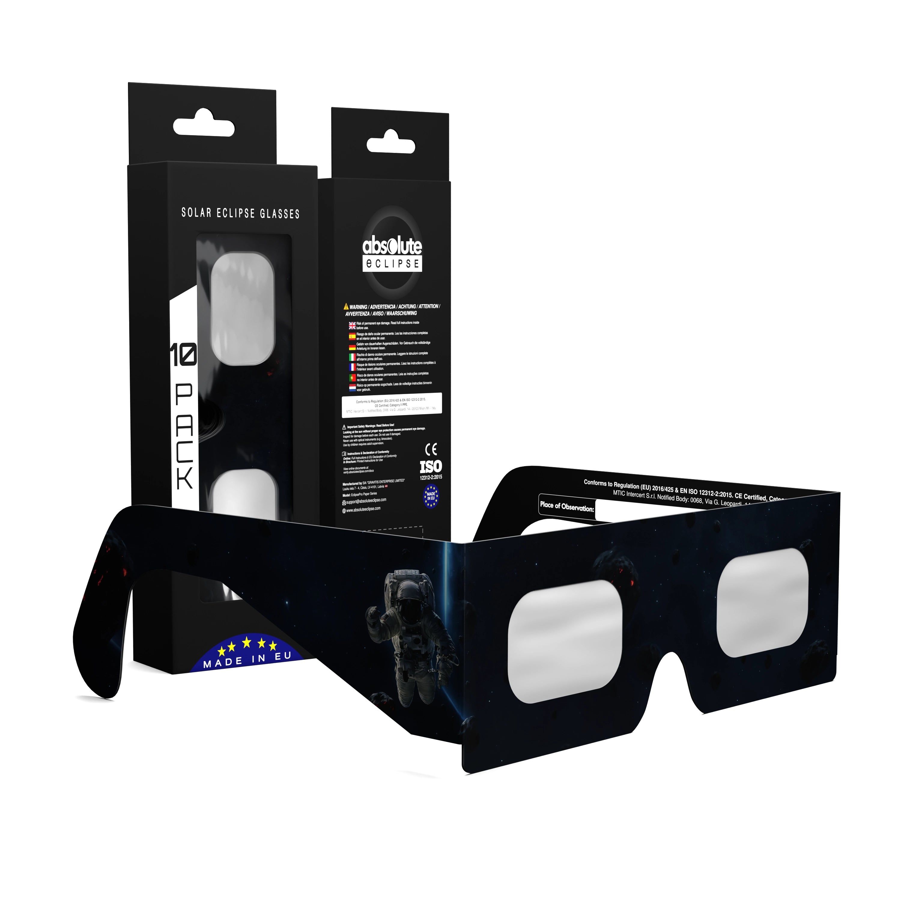Solar Eclipse Glasses with EVA design, CE Certified and ISO Compliant - Packaging Image of 10-Pack