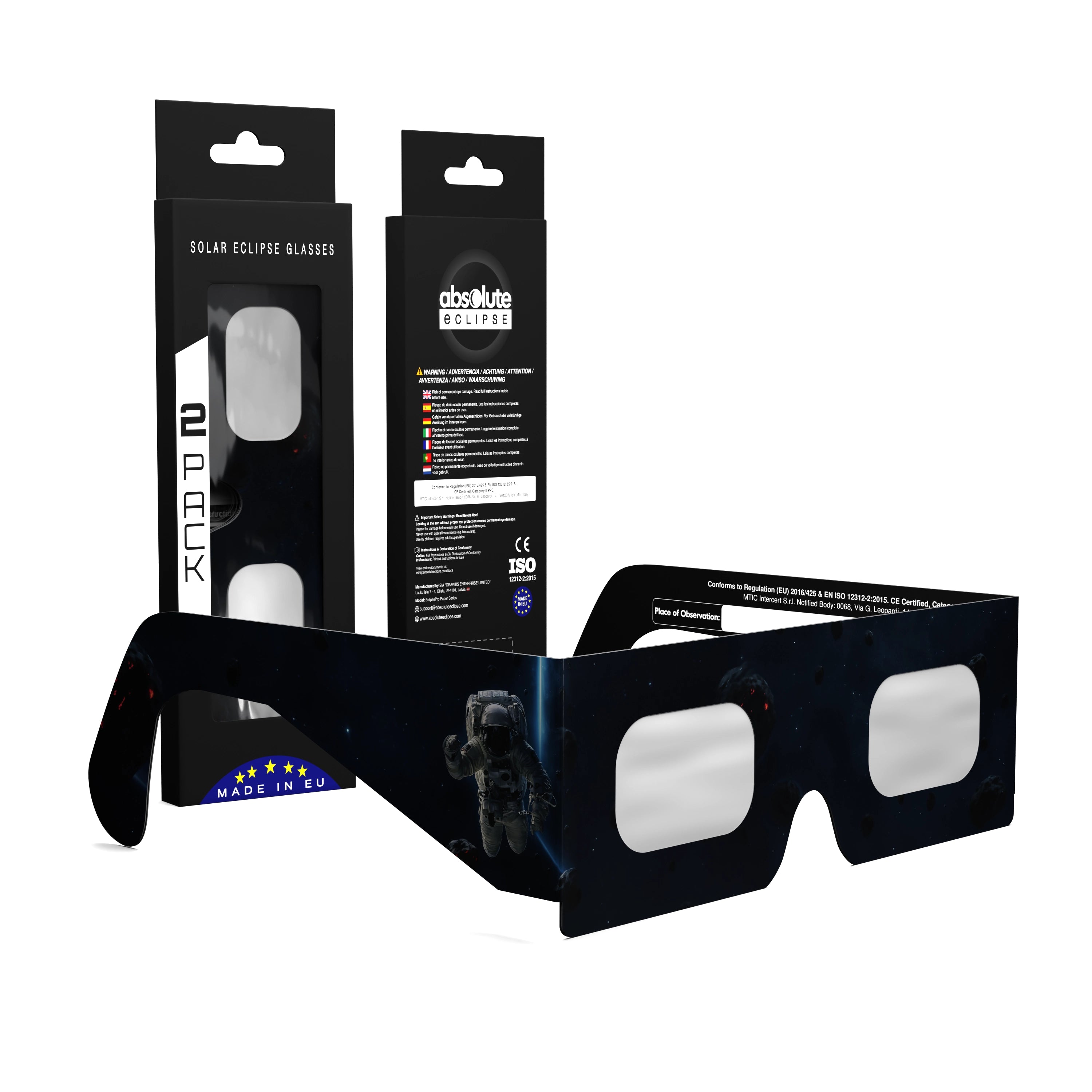 Solar Eclipse Glasses with EVA design, CE Certified and ISO Compliant - Packaging Image of 2-Pack