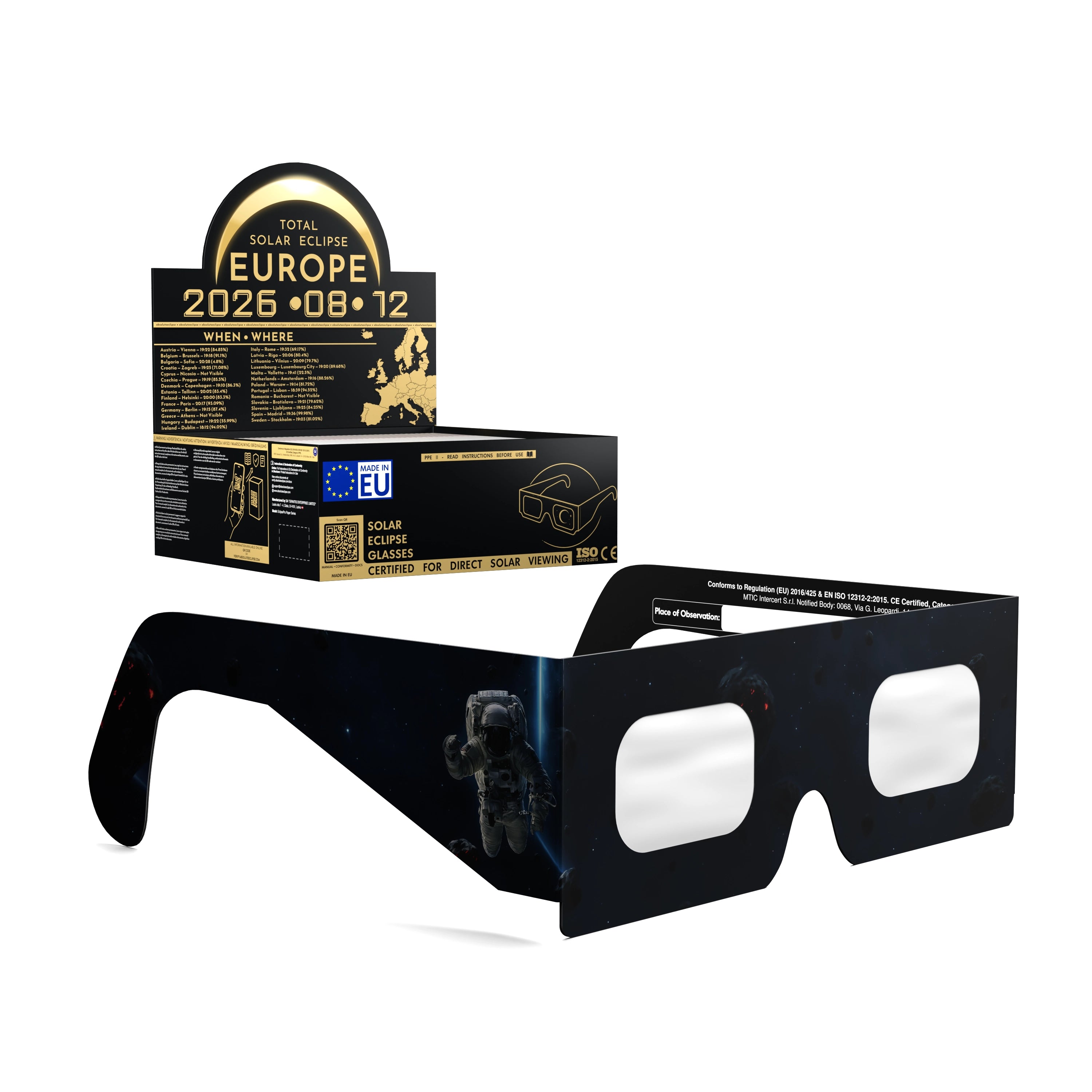 Solar Eclipse Glasses with EVA design, CE Certified and ISO Compliant - Packaging Image of 50-Pack