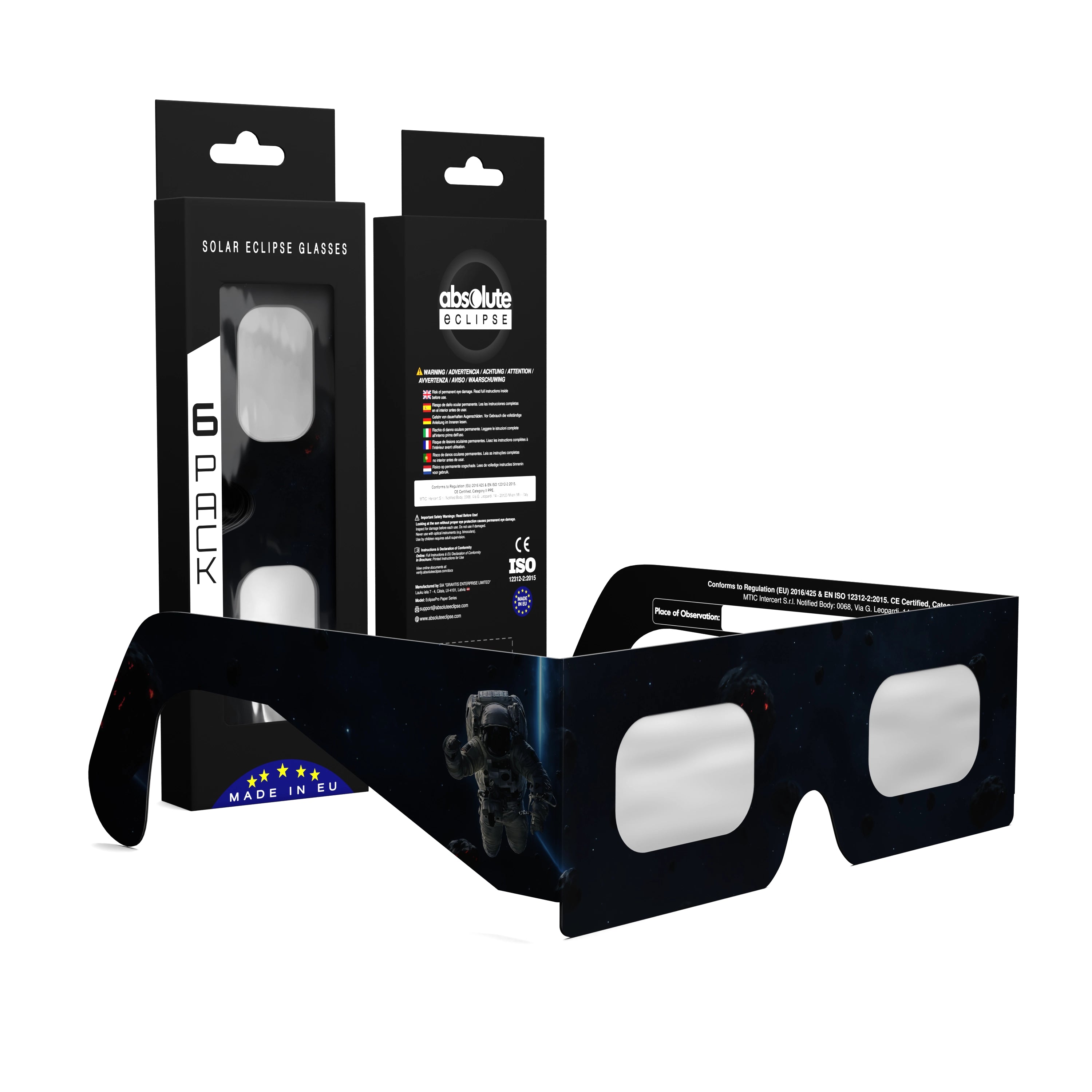 Solar Eclipse Glasses with EVA design, CE Certified and ISO Compliant - Packaging Image of 6-Pack