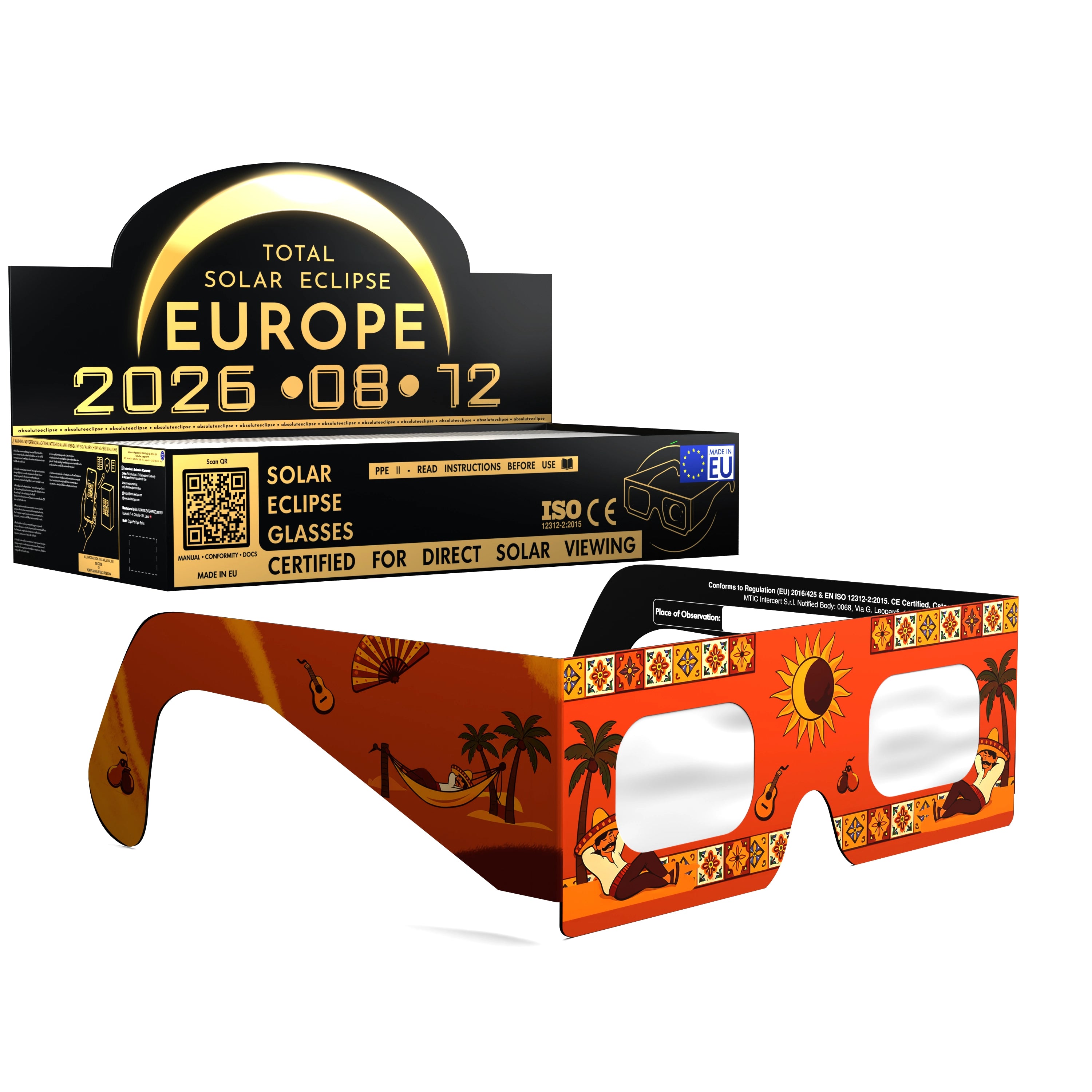 Solar Eclipse Glasses with Fiesta design, CE Certified and ISO Compliant - Packaging Image of 100-Pack
