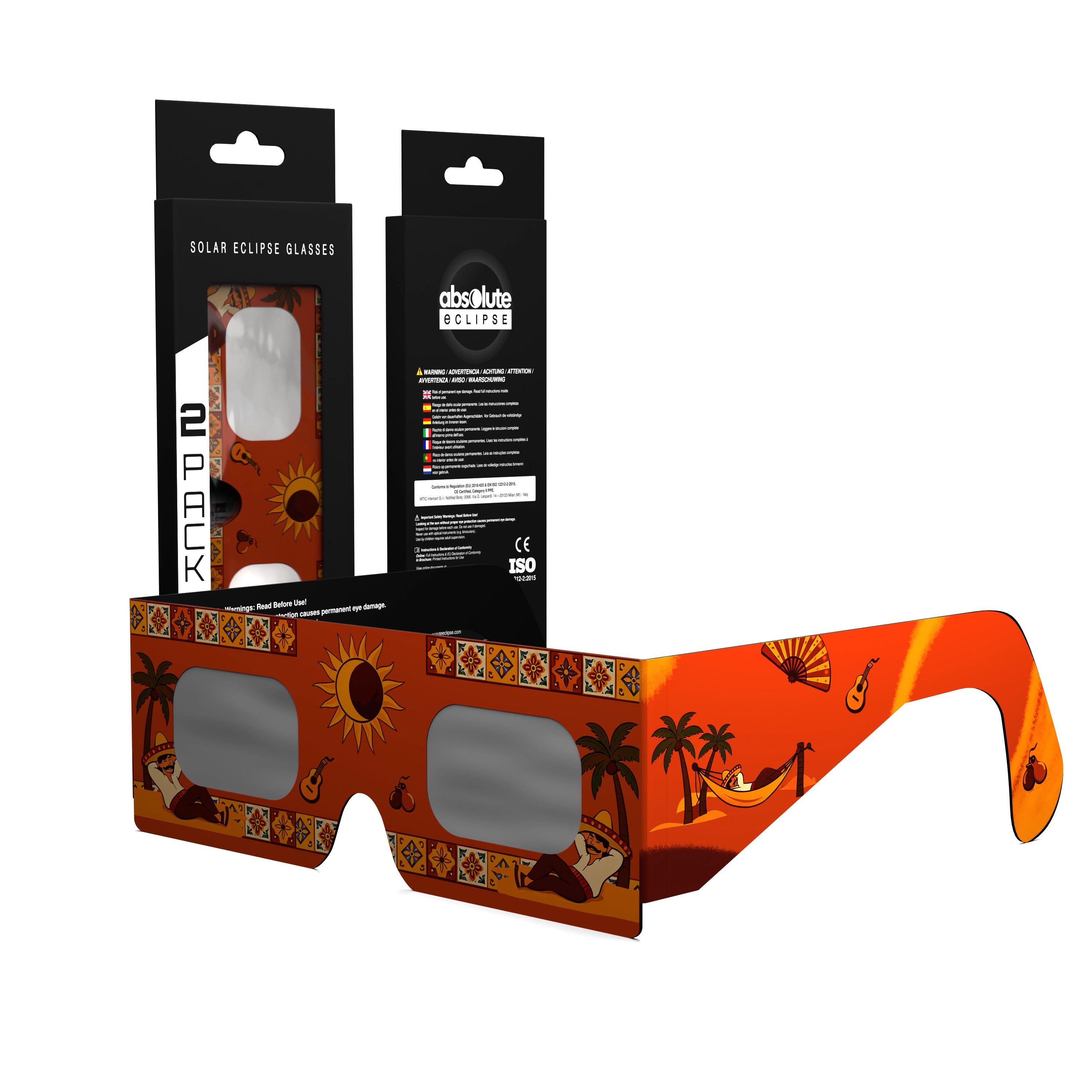Solar Eclipse Glasses with Fiesta design, CE Certified and ISO Compliant - Packaging Image of 2-Pack