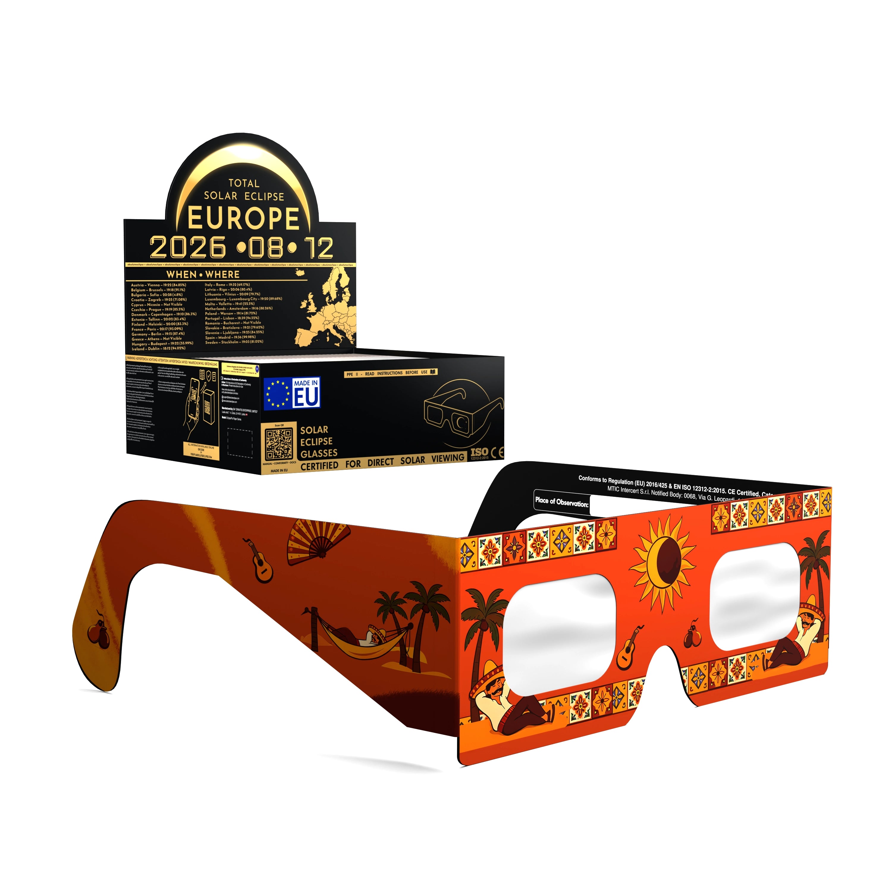 Solar Eclipse Glasses with Fiesta design, CE Certified and ISO Compliant - Packaging Image of 50-Pack