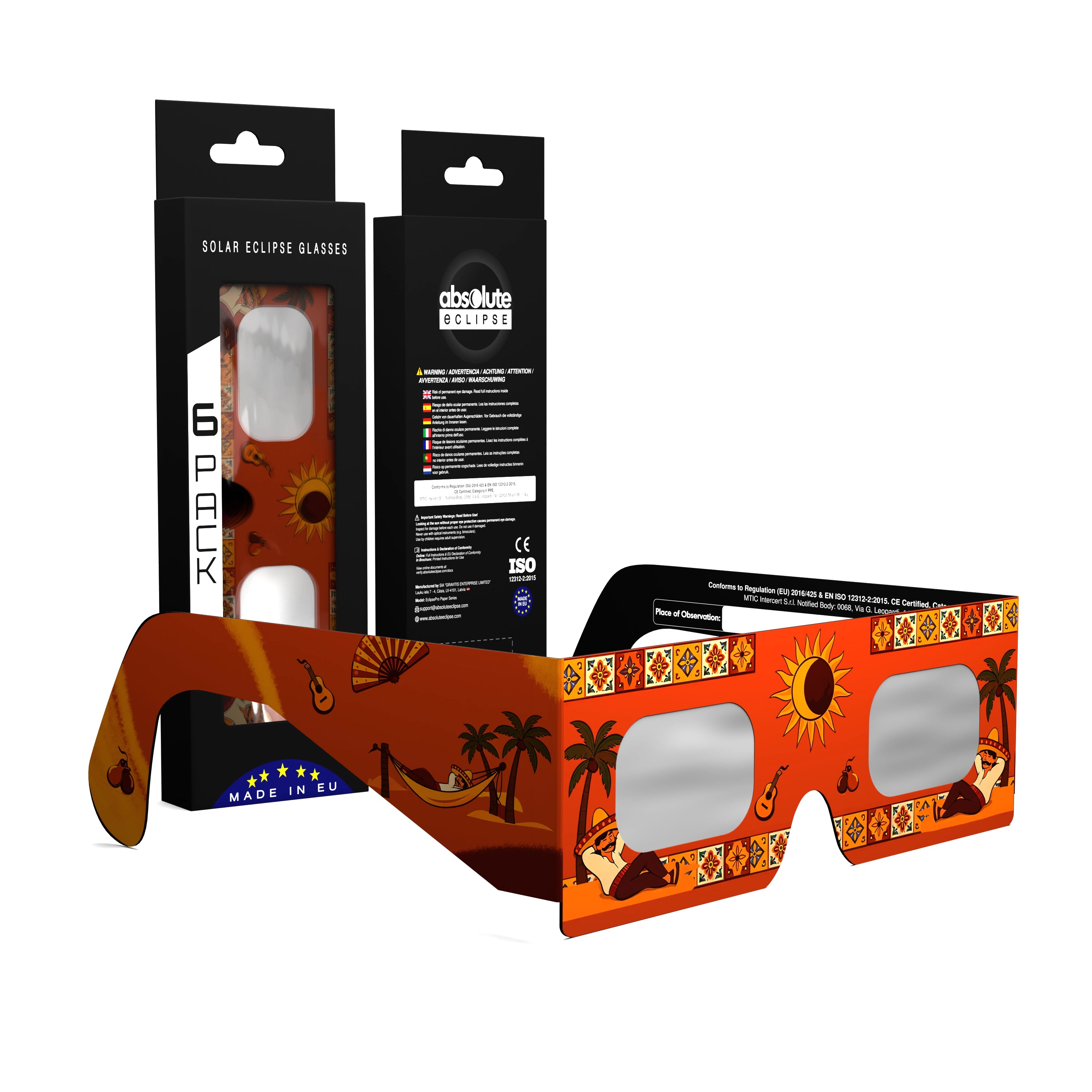 Solar Eclipse Glasses with Fiesta design, CE Certified and ISO Compliant - Packaging Image of 6-Pack