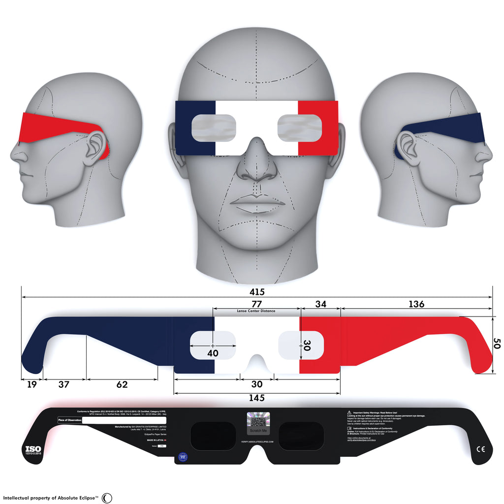 Solar Eclipse Glasses with FR design, CE Certified and ISO Compliant - Back and Front View