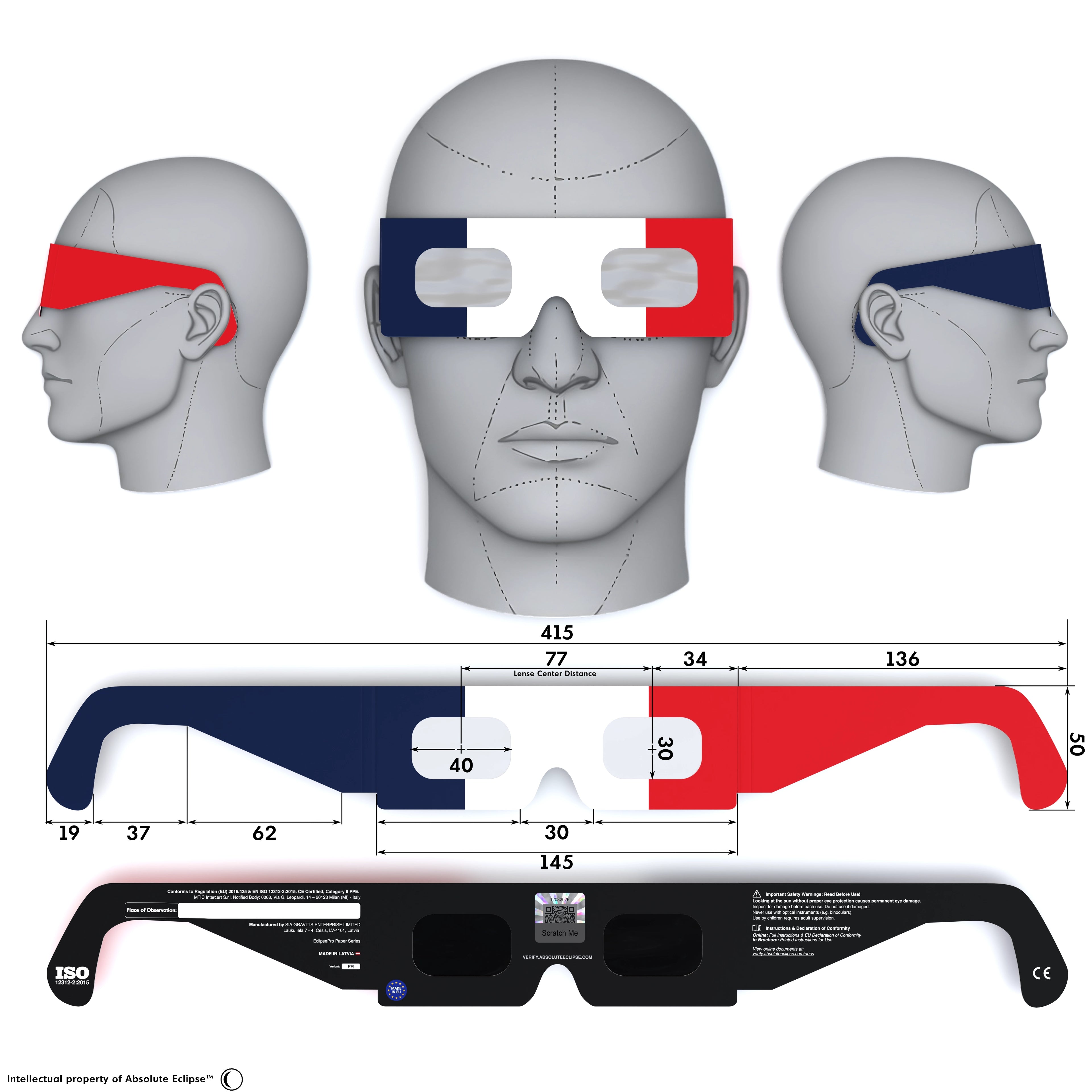 Solar Eclipse Glasses with FR design, CE Certified and ISO Compliant - Back and Front View