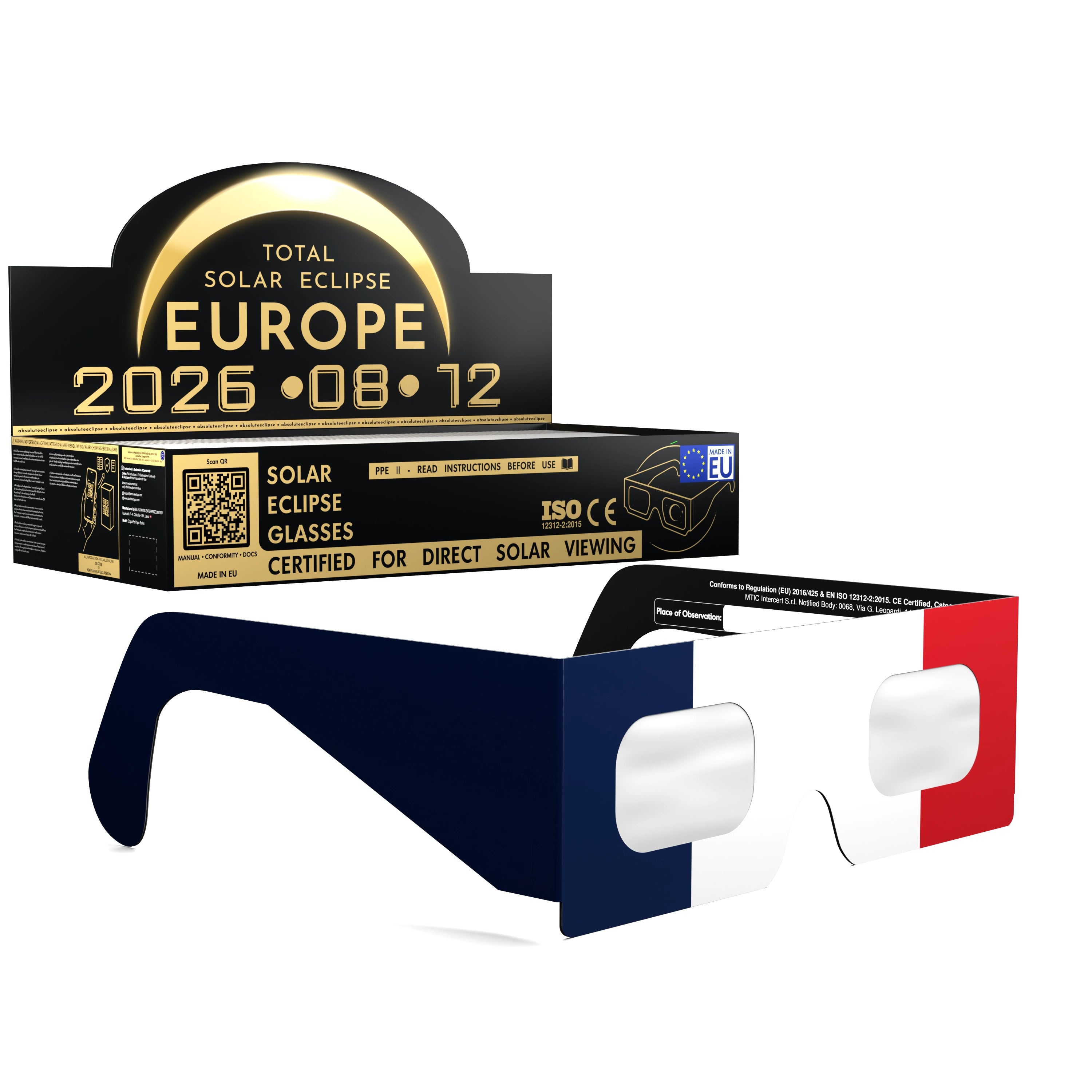Solar Eclipse Glasses with FR design, CE Certified and ISO Compliant - Packaging Image of 100-Pack