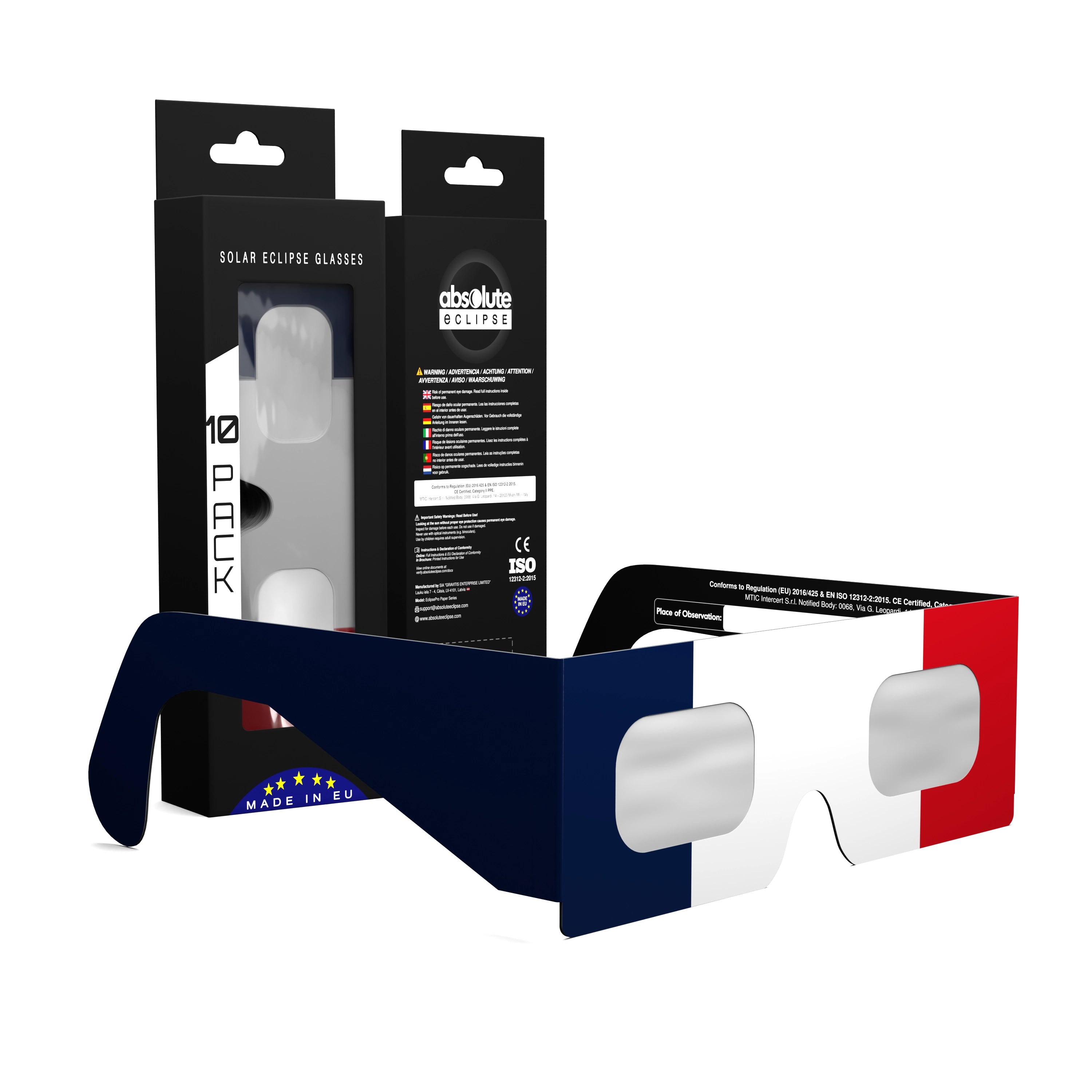 Solar Eclipse Glasses with FR design, CE Certified and ISO Compliant - Packaging Image of 10-Pack