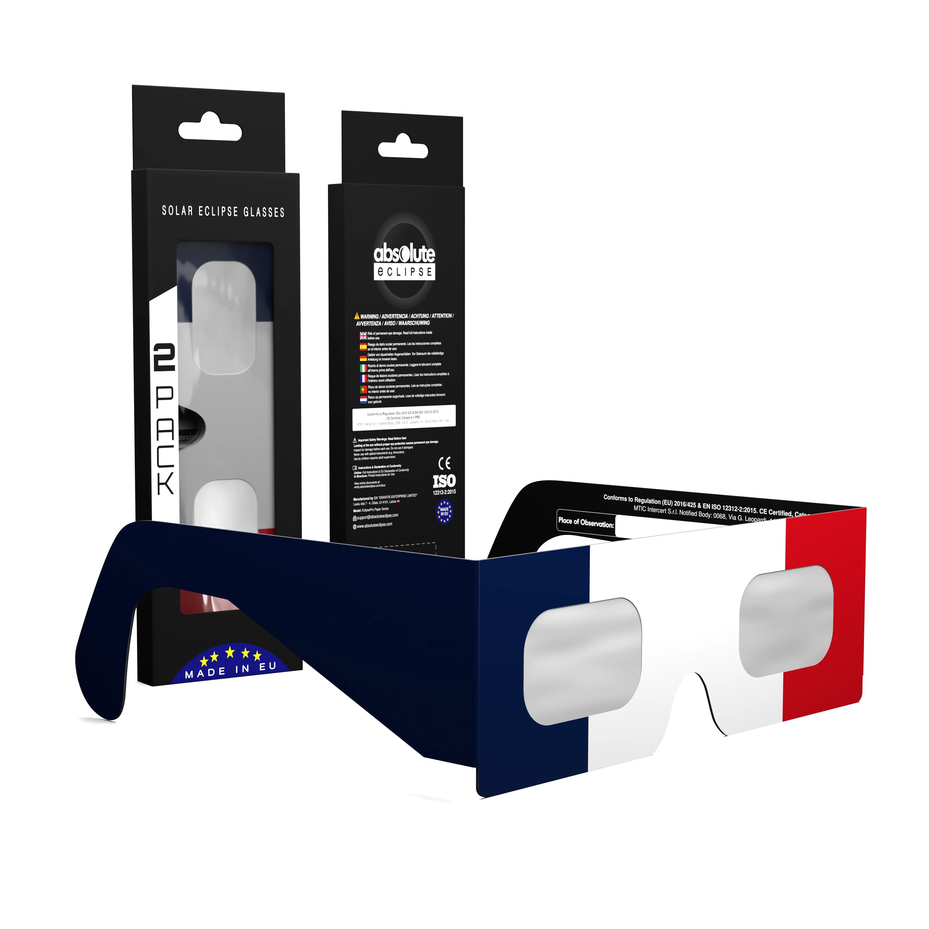 Solar Eclipse Glasses with FR design, CE Certified and ISO Compliant - Packaging Image of 2-Pack