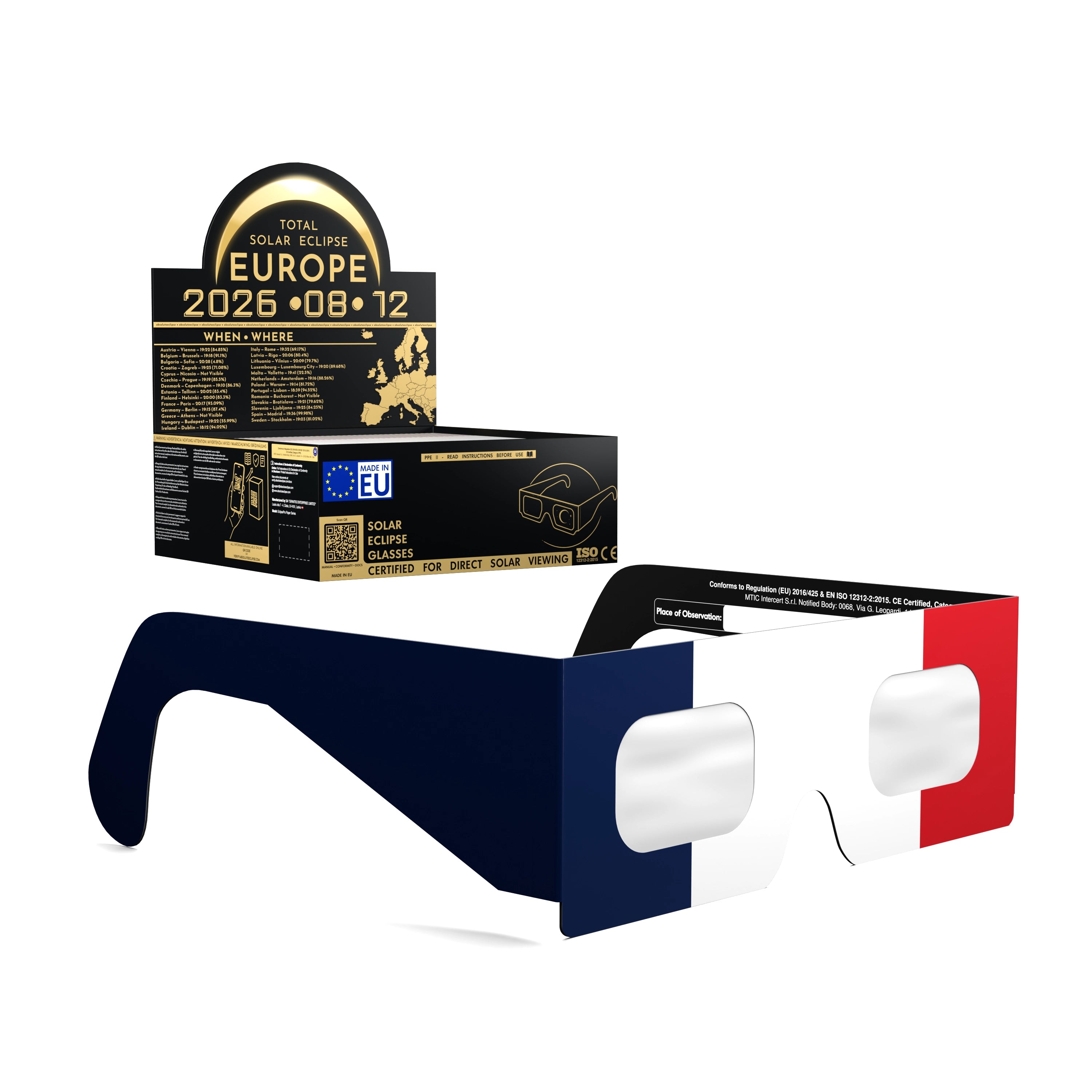 Solar Eclipse Glasses with FR design, CE Certified and ISO Compliant - Packaging Image of 50-Pack