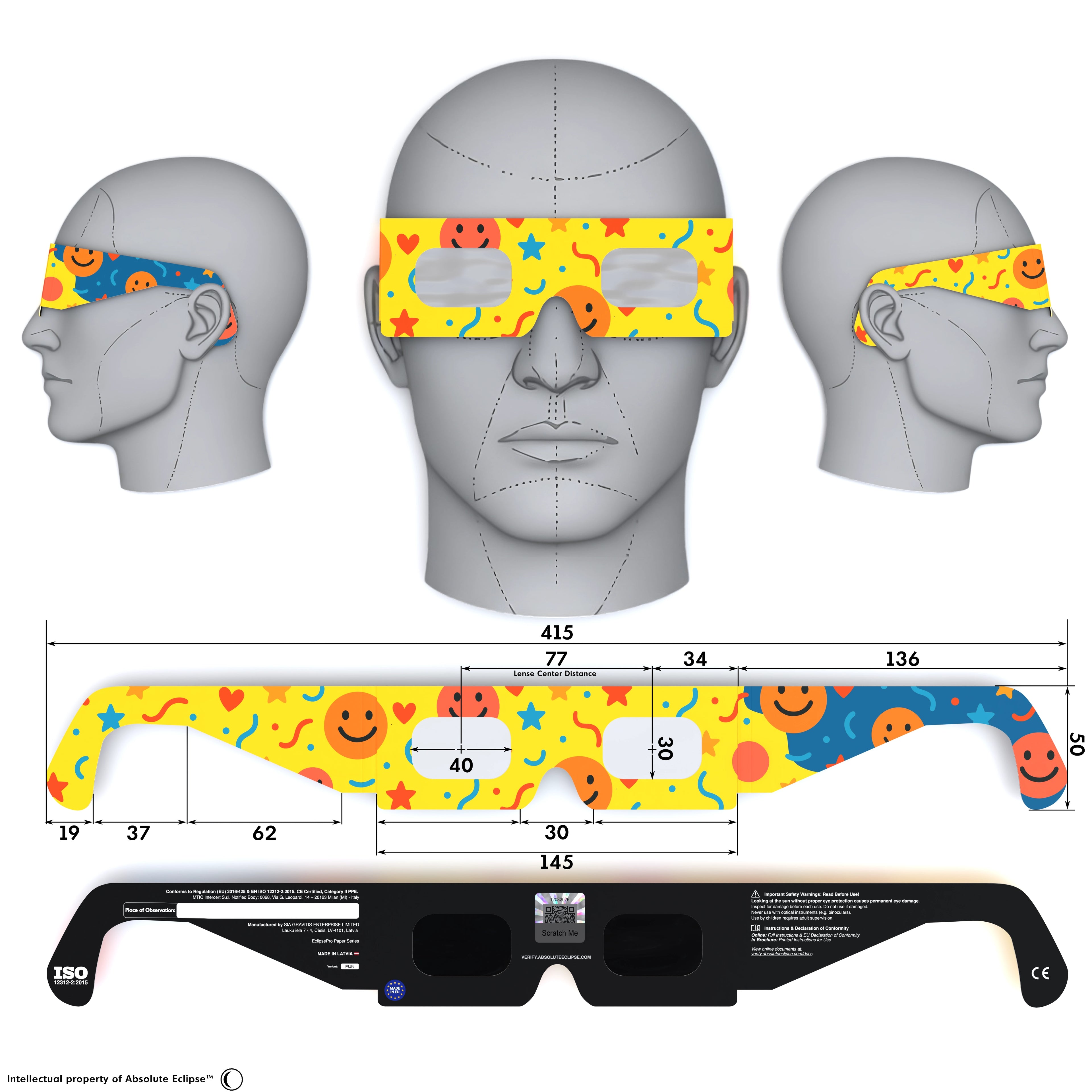 Solar Eclipse Glasses with Fun design, CE Certified and ISO Compliant - Back and Front View