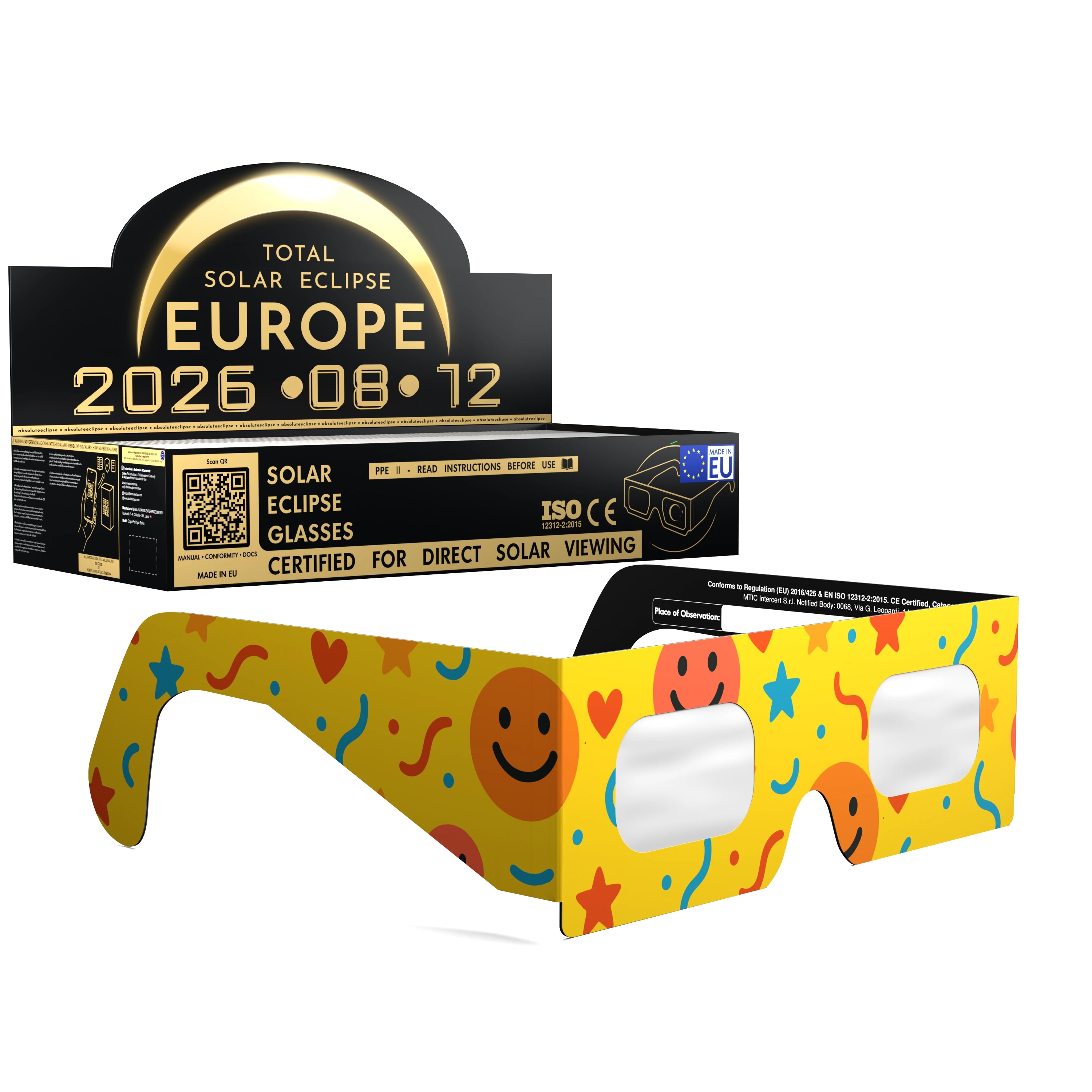 Solar Eclipse Glasses with Fun design, CE Certified and ISO Compliant - Packaging Image of 100-Pack