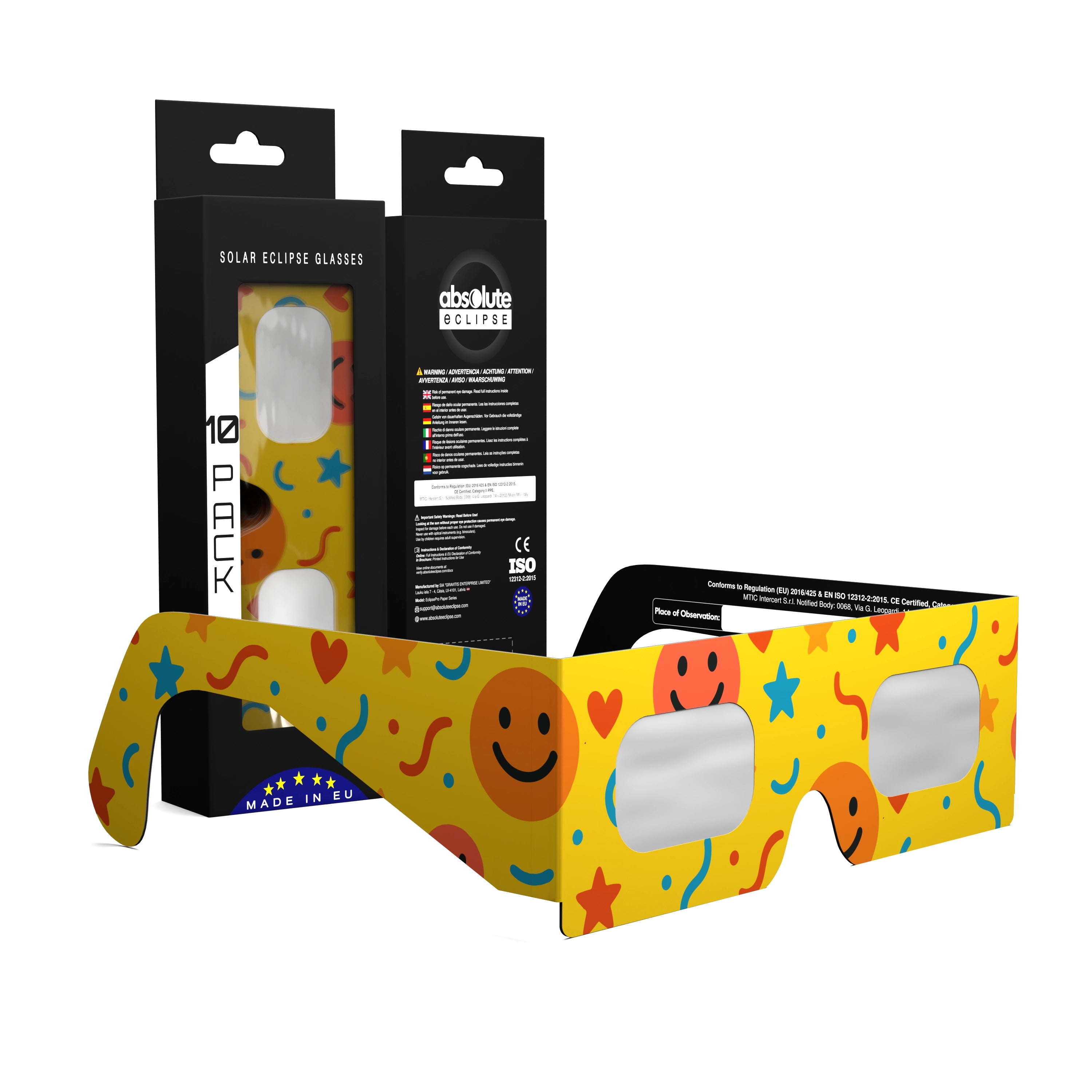 Solar Eclipse Glasses with Fun design, CE Certified and ISO Compliant - Packaging Image of 10-Pack