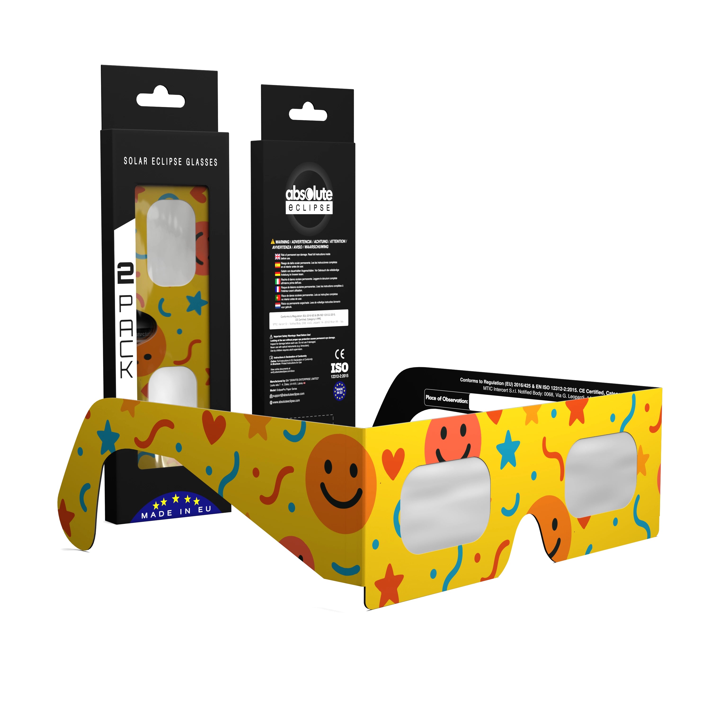Solar Eclipse Glasses with Fun design, CE Certified and ISO Compliant - Packaging Image of 2-Pack