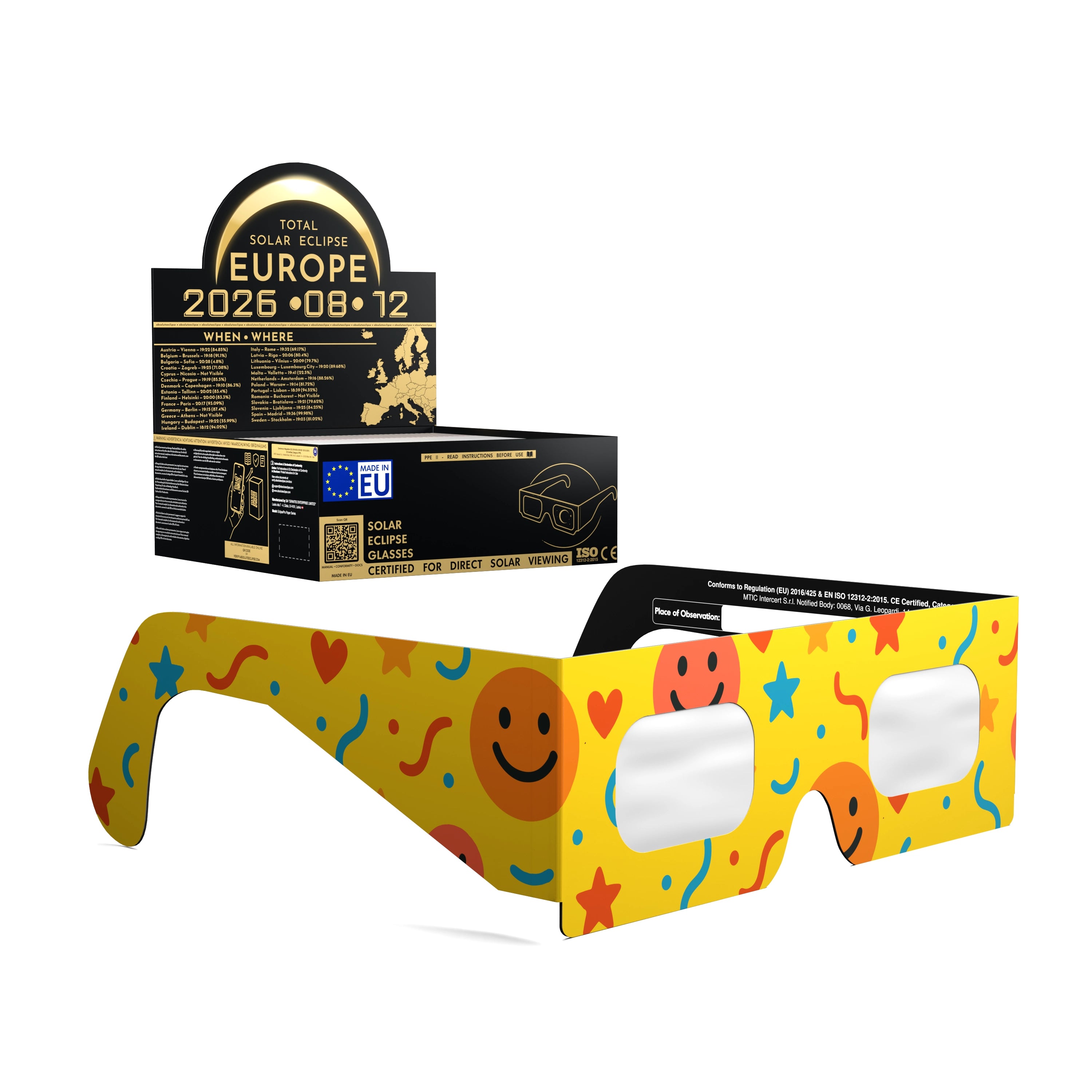 Solar Eclipse Glasses with Fun design, CE Certified and ISO Compliant - Packaging Image of 50-Pack