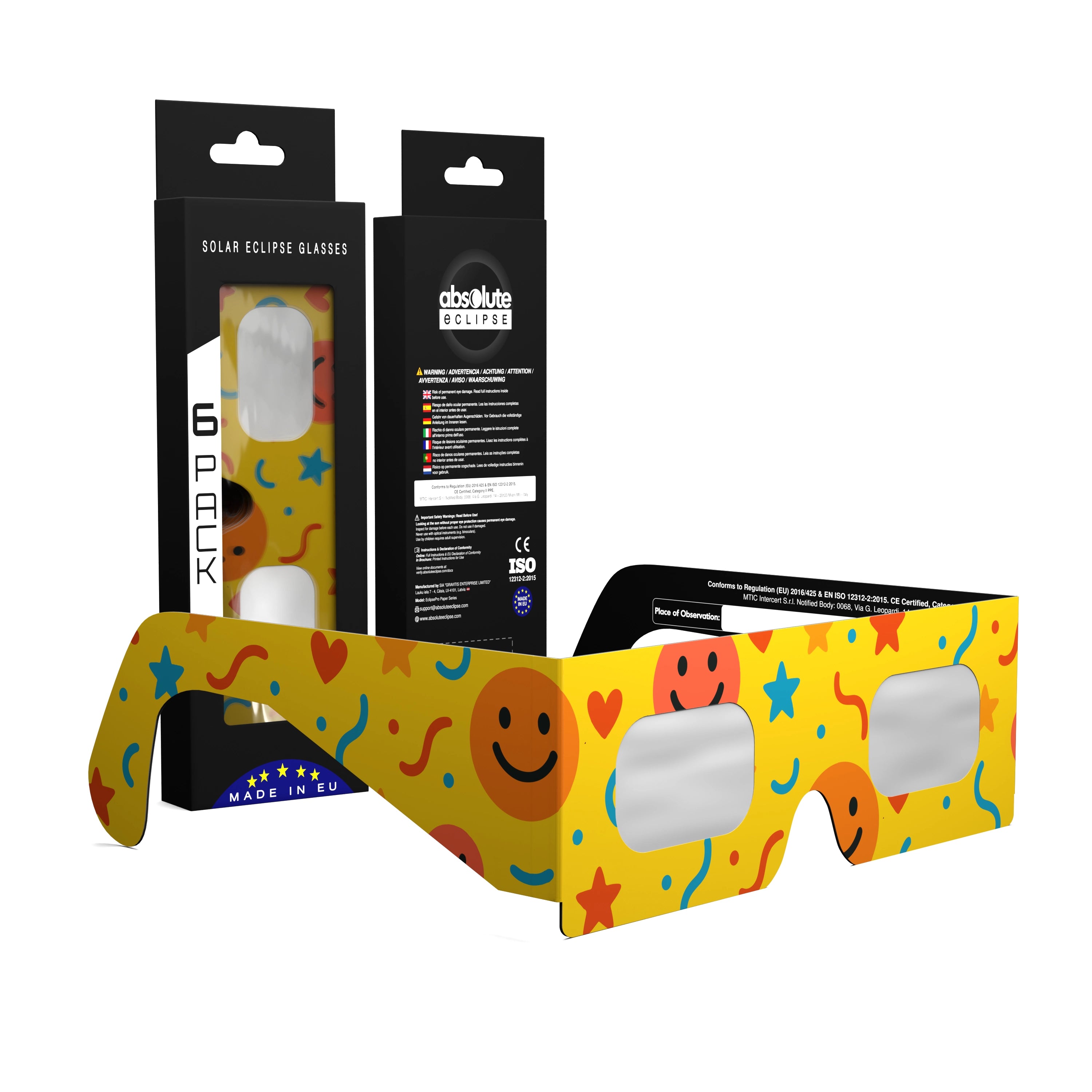 Solar Eclipse Glasses with Fun design, CE Certified and ISO Compliant - Packaging Image of 6-Pack