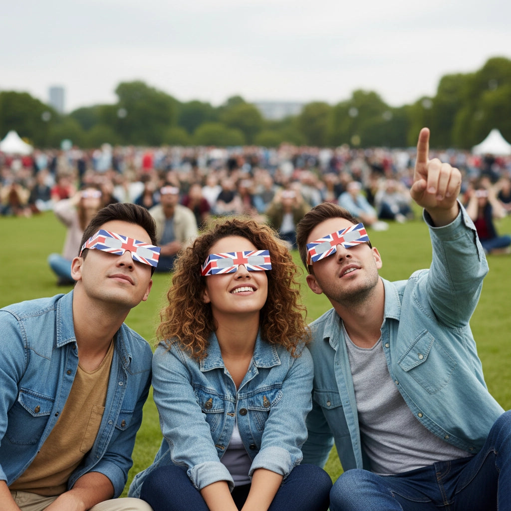 Solar Eclipse Glasses with GB design, CE Certified and ISO Compliant - Lifestyle Image of 100-Pack