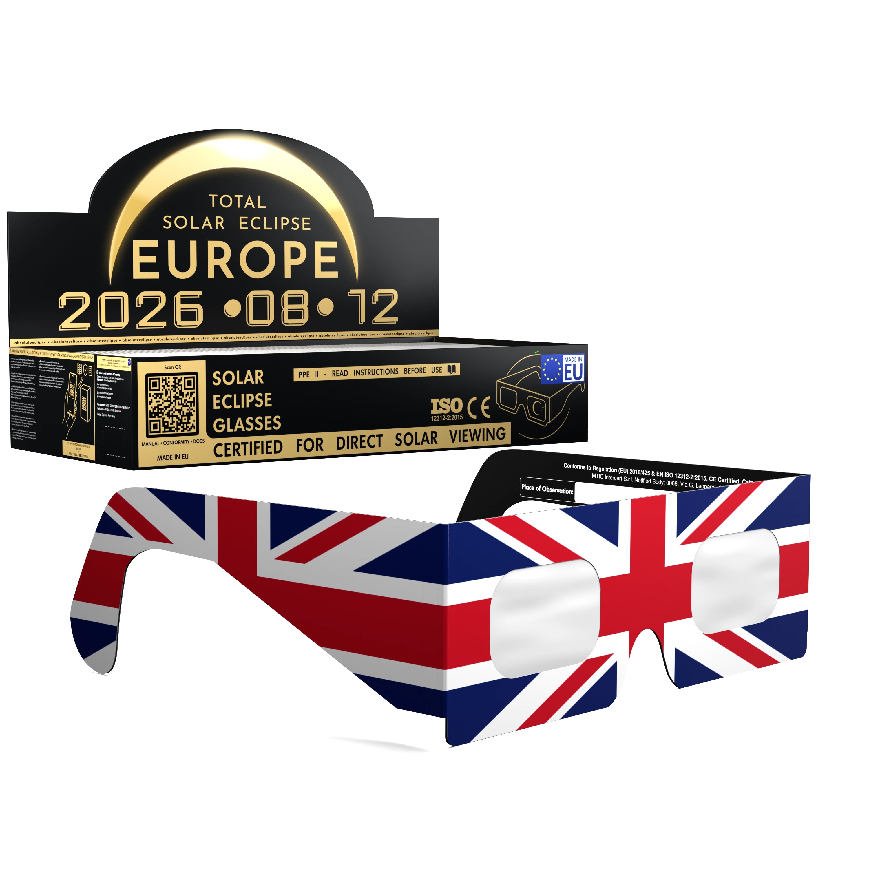 Solar Eclipse Glasses with GB design, CE Certified and ISO Compliant - Packaging Image of 100-Pack