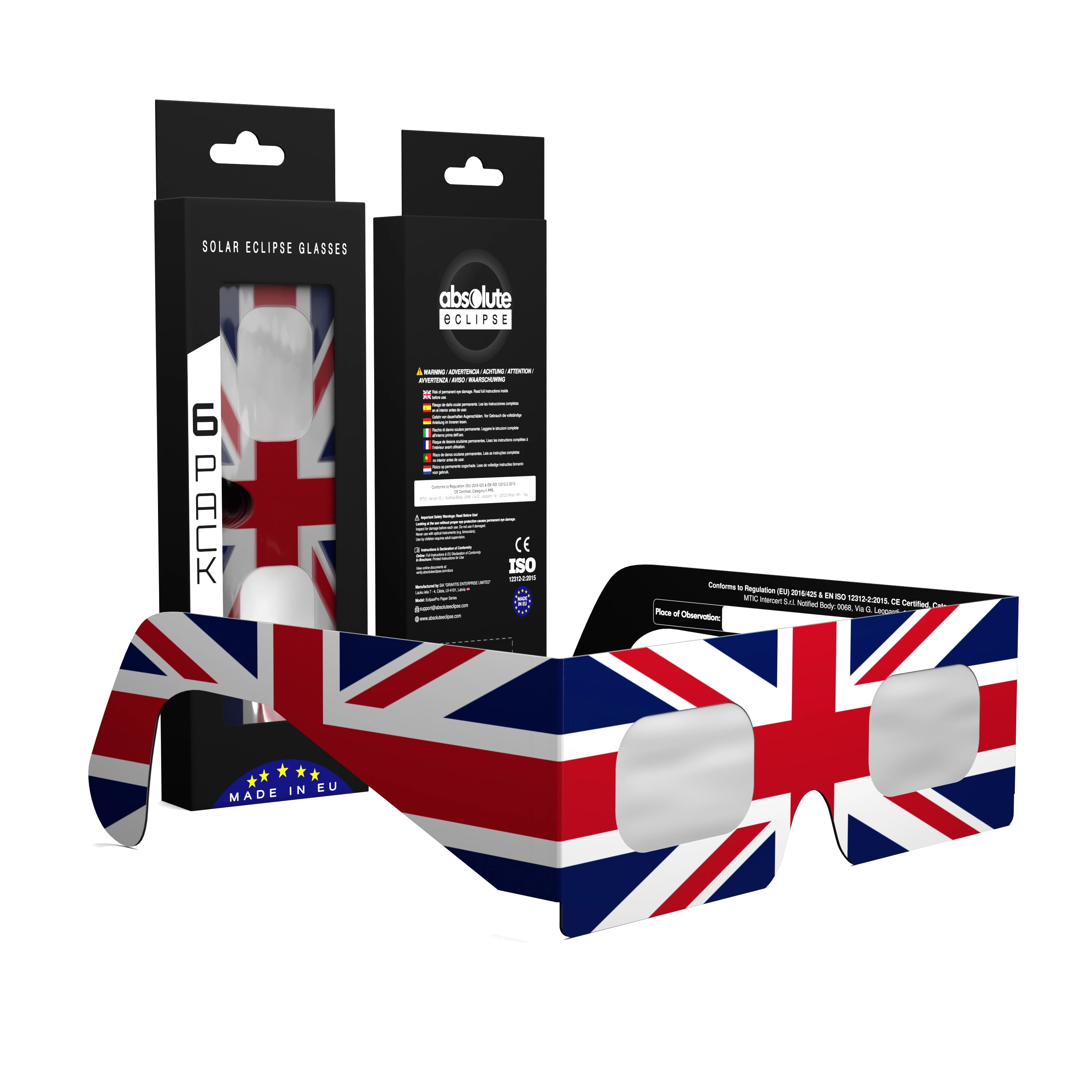 Solar Eclipse Glasses with GB design, CE Certified and ISO Compliant - Packaging Image of 6-Pack