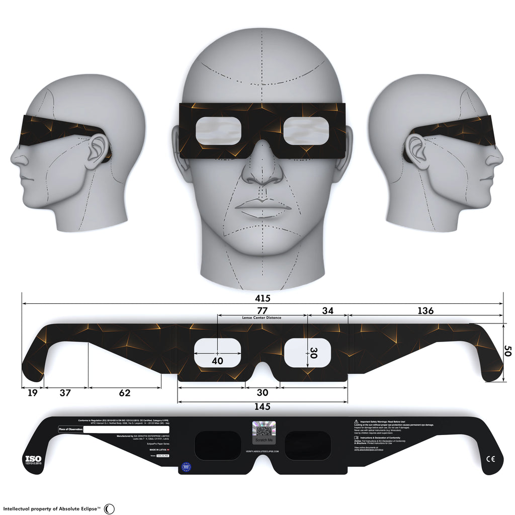 Solar Eclipse Glasses with Goldline design, CE Certified and ISO Compliant - Back and Front View