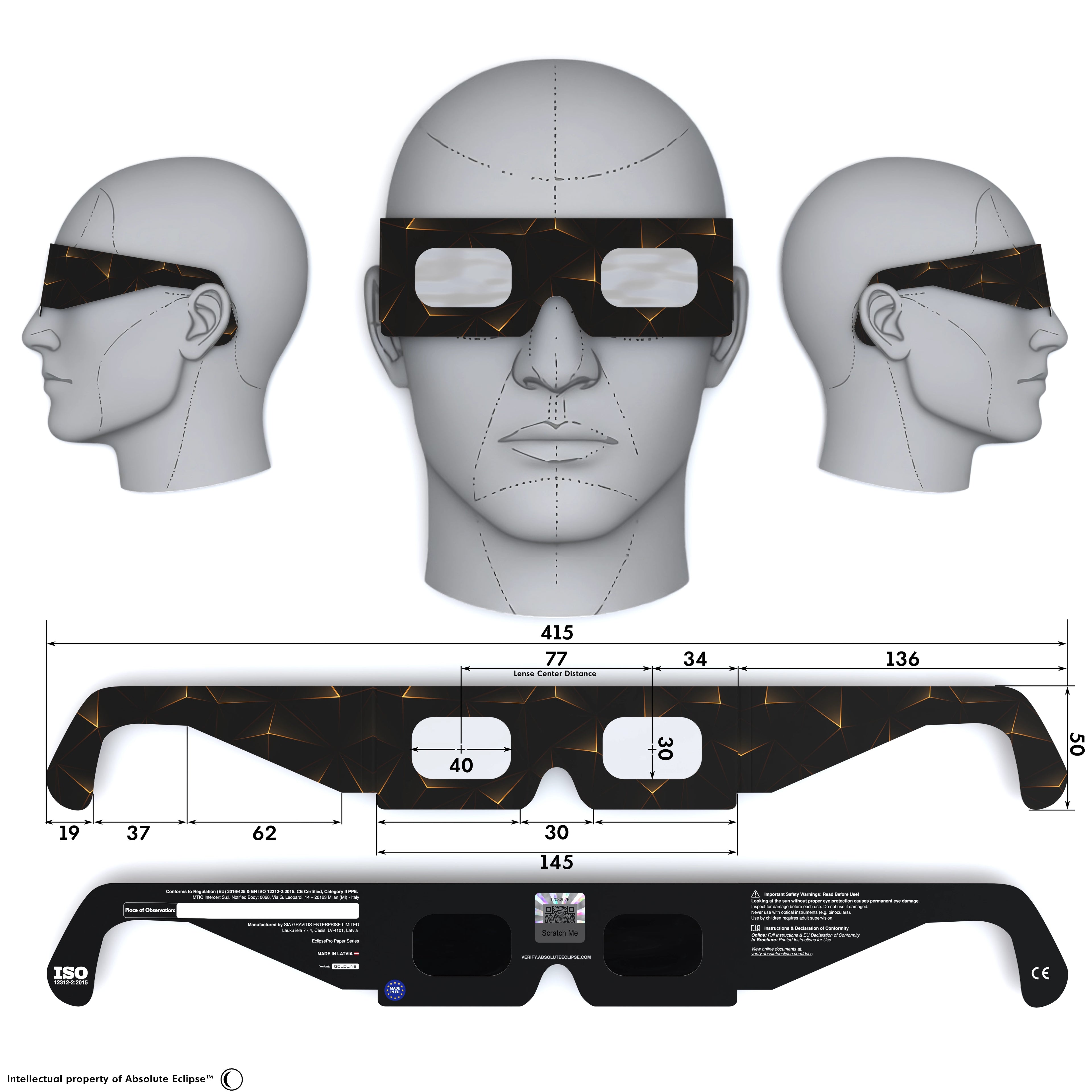 Solar Eclipse Glasses with Goldline design, CE Certified and ISO Compliant - Back and Front View