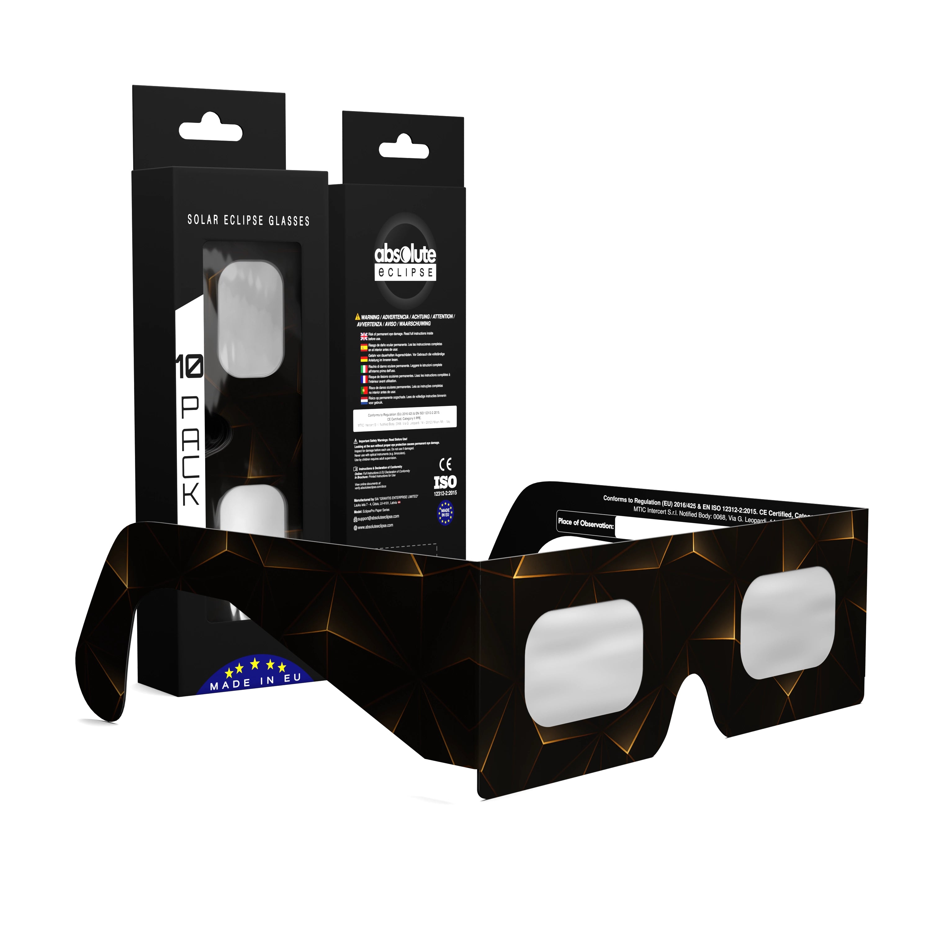 Solar Eclipse Glasses with Goldline design, CE Certified and ISO Compliant - Packaging Image of 10-Pack