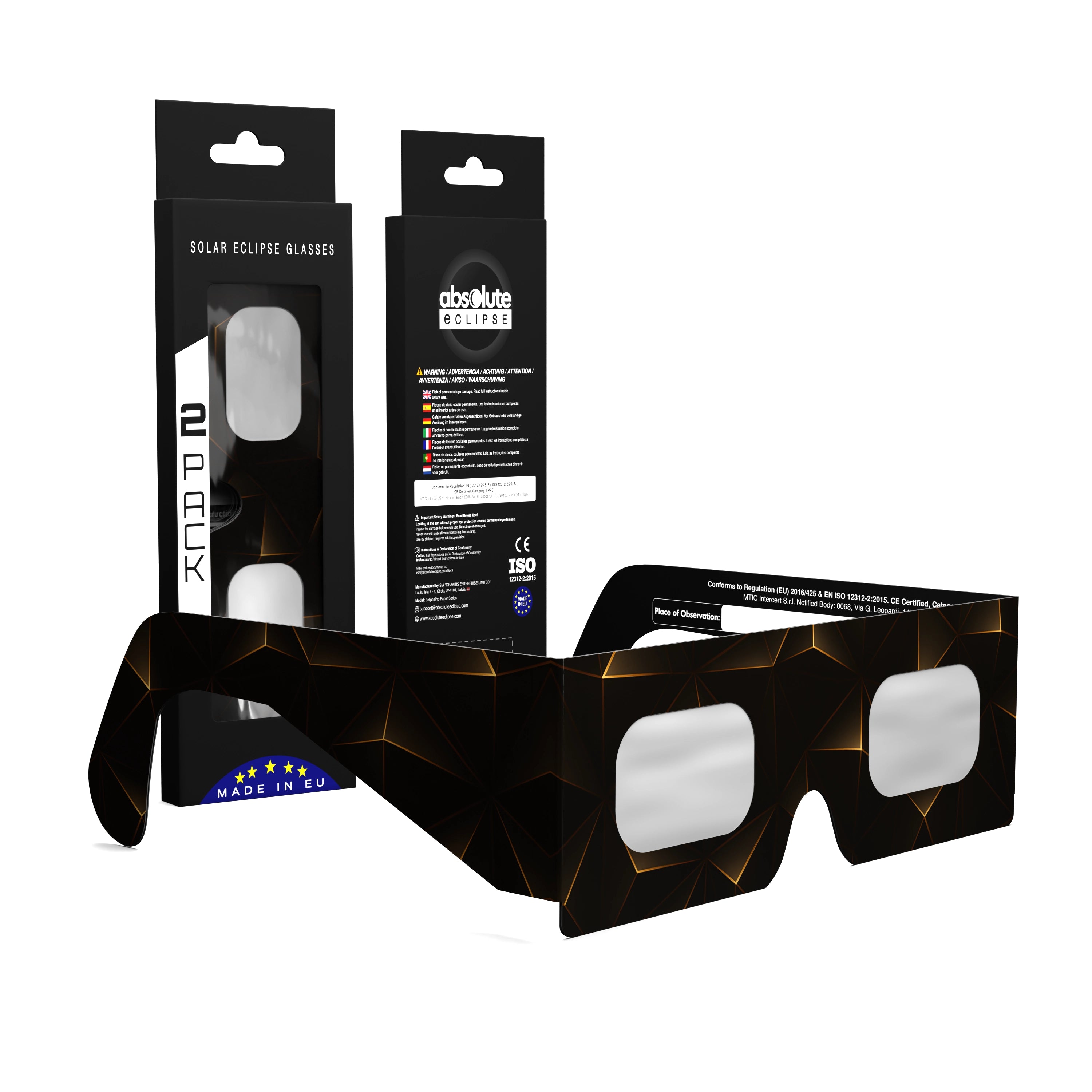 Solar Eclipse Glasses with Goldline design, CE Certified and ISO Compliant - Packaging Image of 2-Pack