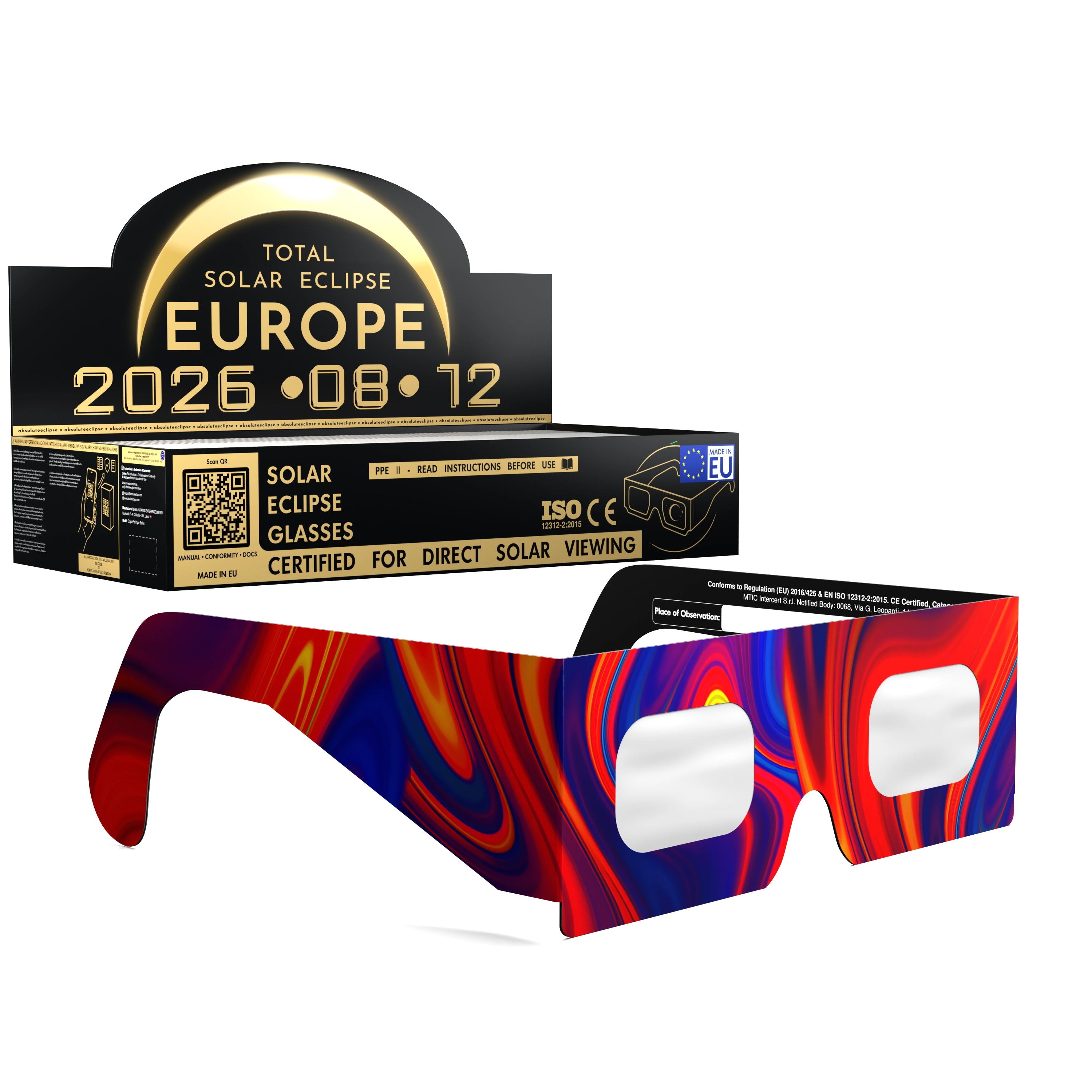 Solar Eclipse Glasses with Goo design, CE Certified and ISO Compliant - Packaging Image of 100-Pack