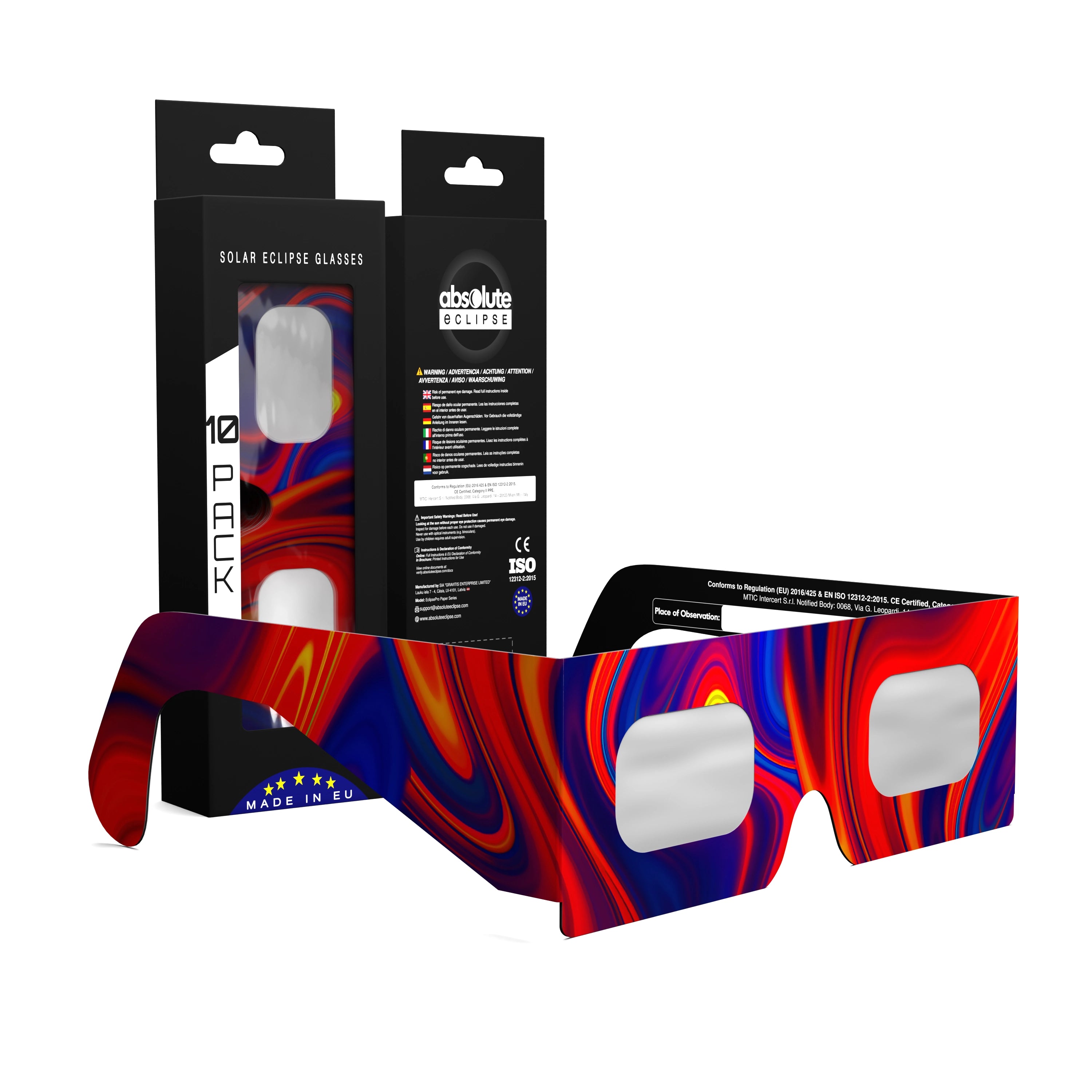 Solar Eclipse Glasses with Goo design, CE Certified and ISO Compliant - Packaging Image of 10-Pack