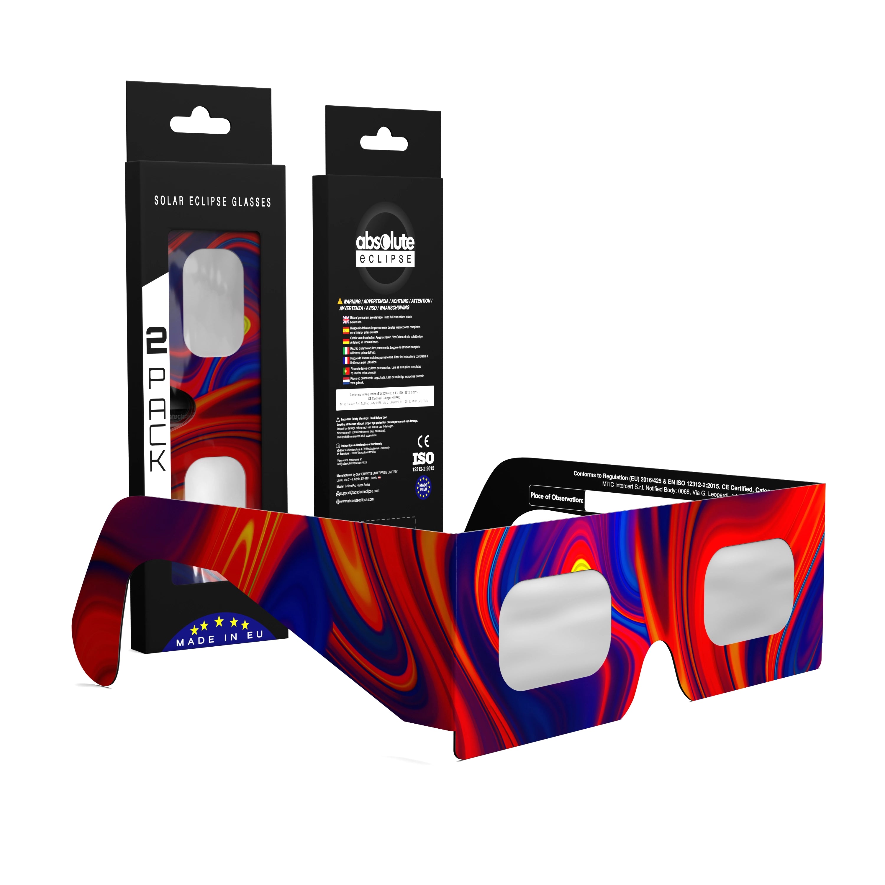 Solar Eclipse Glasses with Goo design, CE Certified and ISO Compliant - Packaging Image of 2-Pack