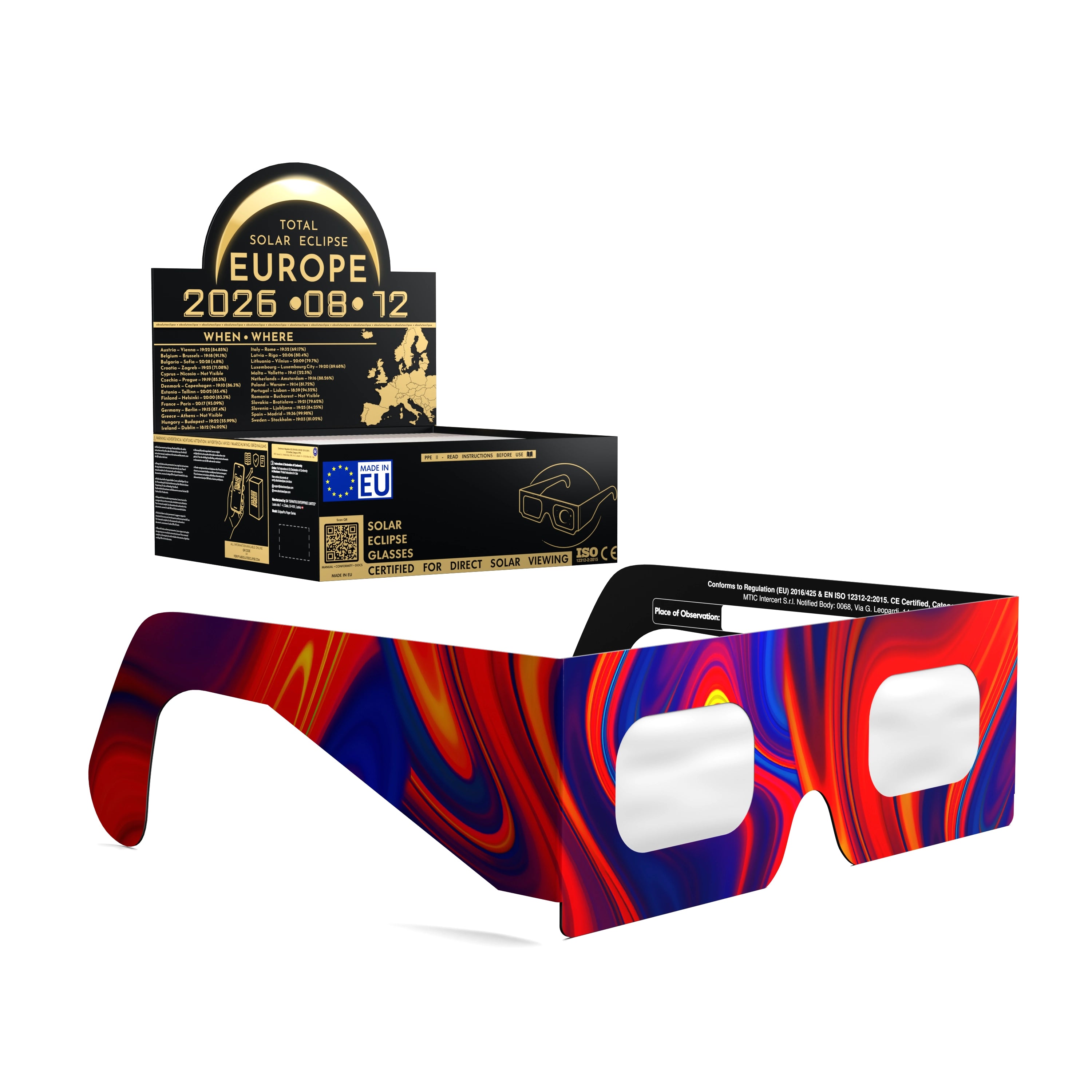 Solar Eclipse Glasses with Goo design, CE Certified and ISO Compliant - Packaging Image of 50-Pack