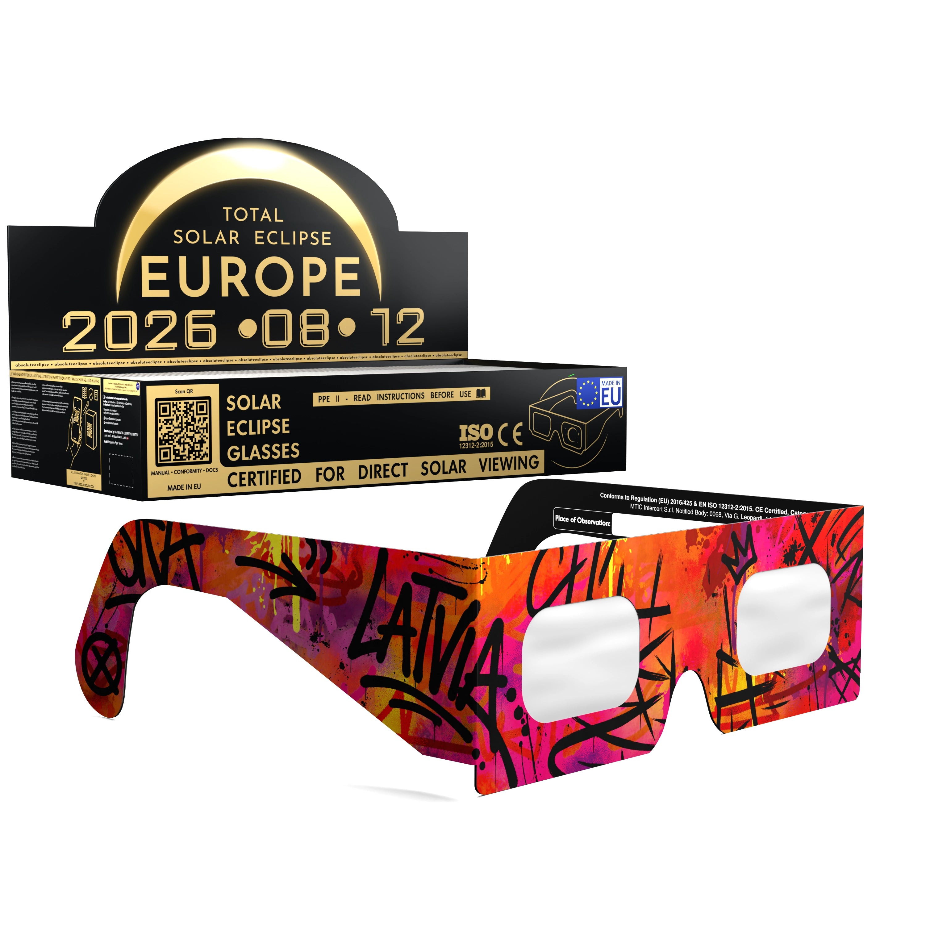Solar Eclipse Glasses with Graffiti design, CE Certified and ISO Compliant - Packaging Image of 100-Pack