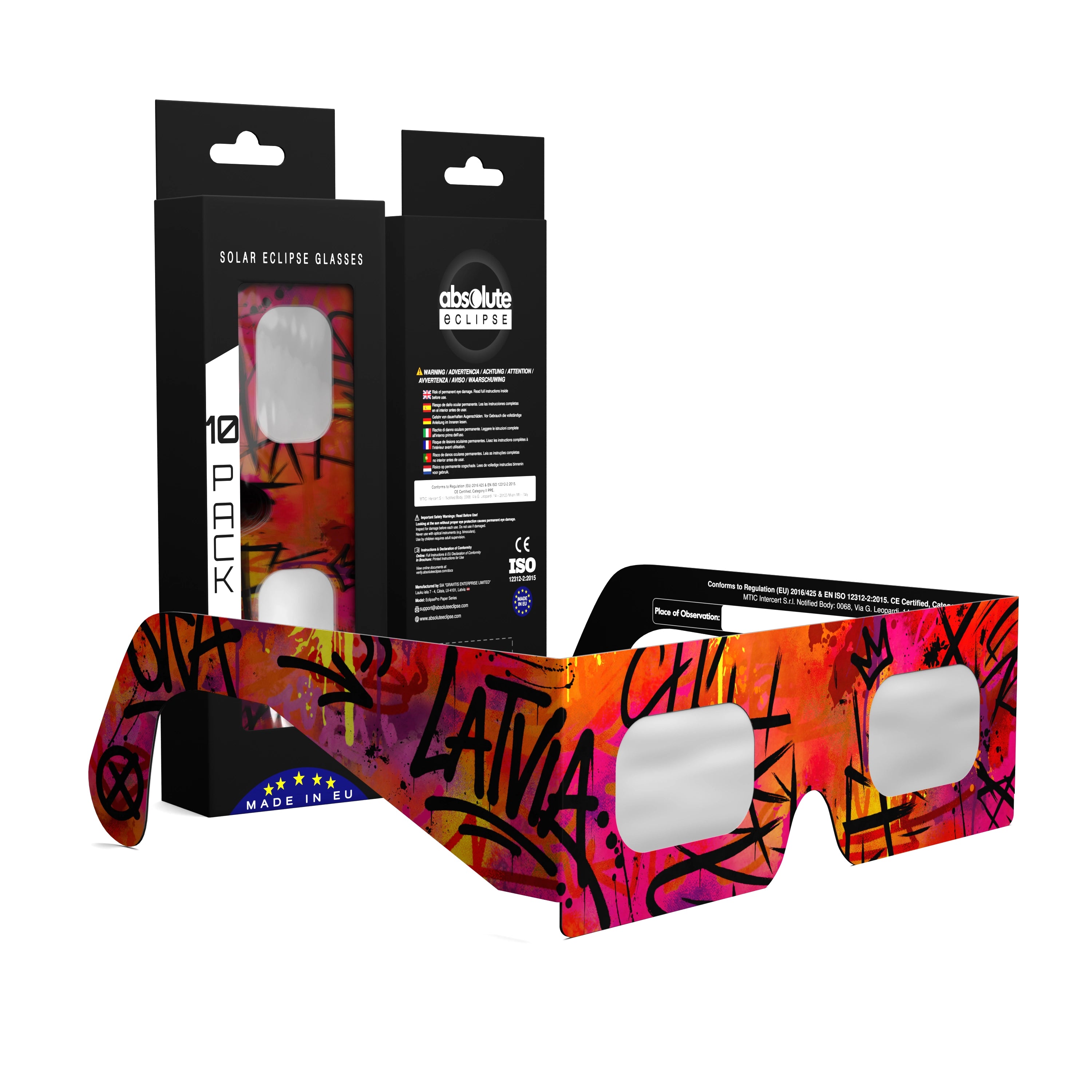 Solar Eclipse Glasses with Graffiti design, CE Certified and ISO Compliant - Packaging Image of 10-Pack