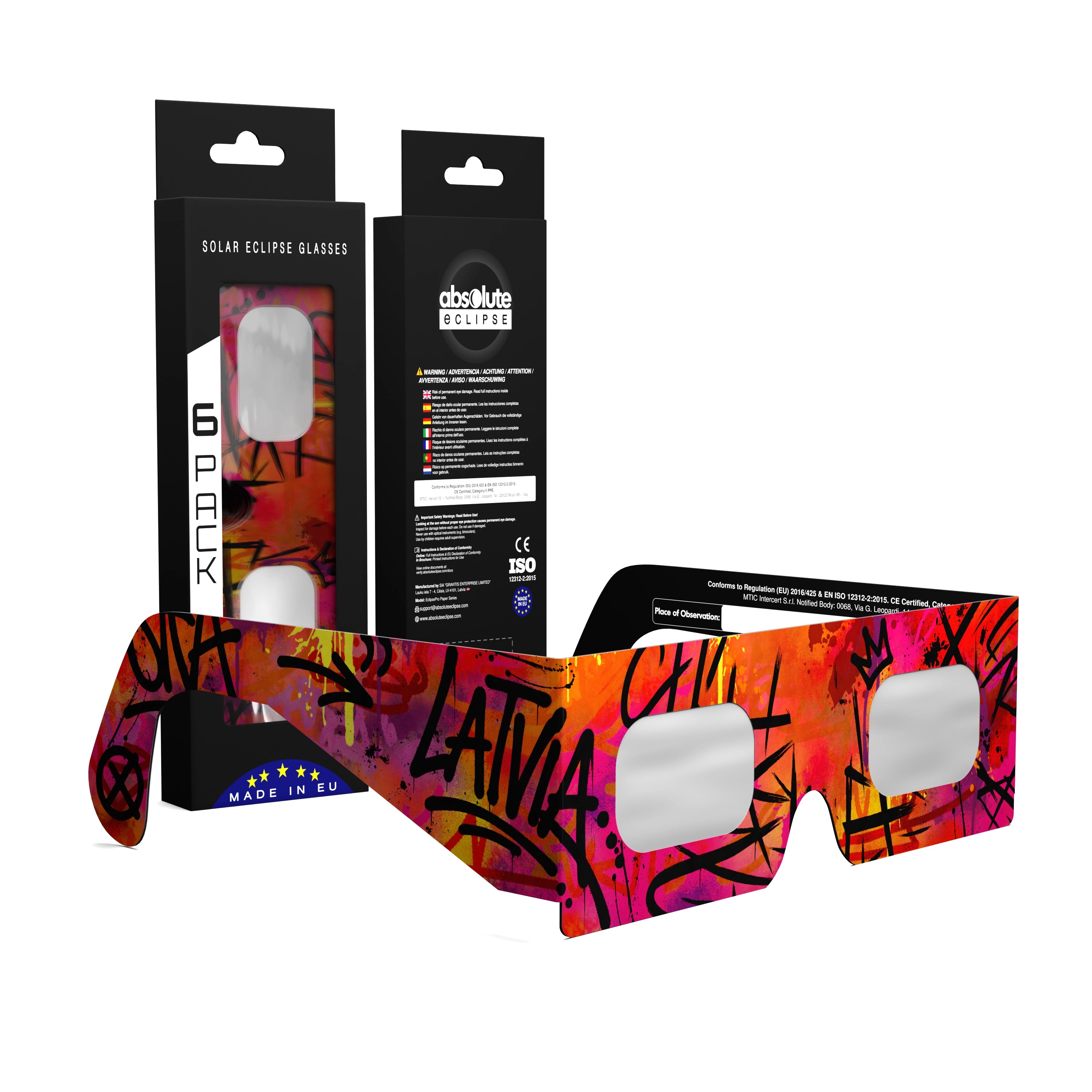 Solar Eclipse Glasses with Graffiti design, CE Certified and ISO Compliant - Packaging Image of 6-Pack