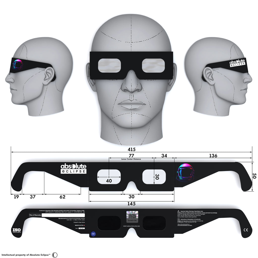 Solar Eclipse Glasses with Helmet design, CE Certified and ISO Compliant - Back and Front View