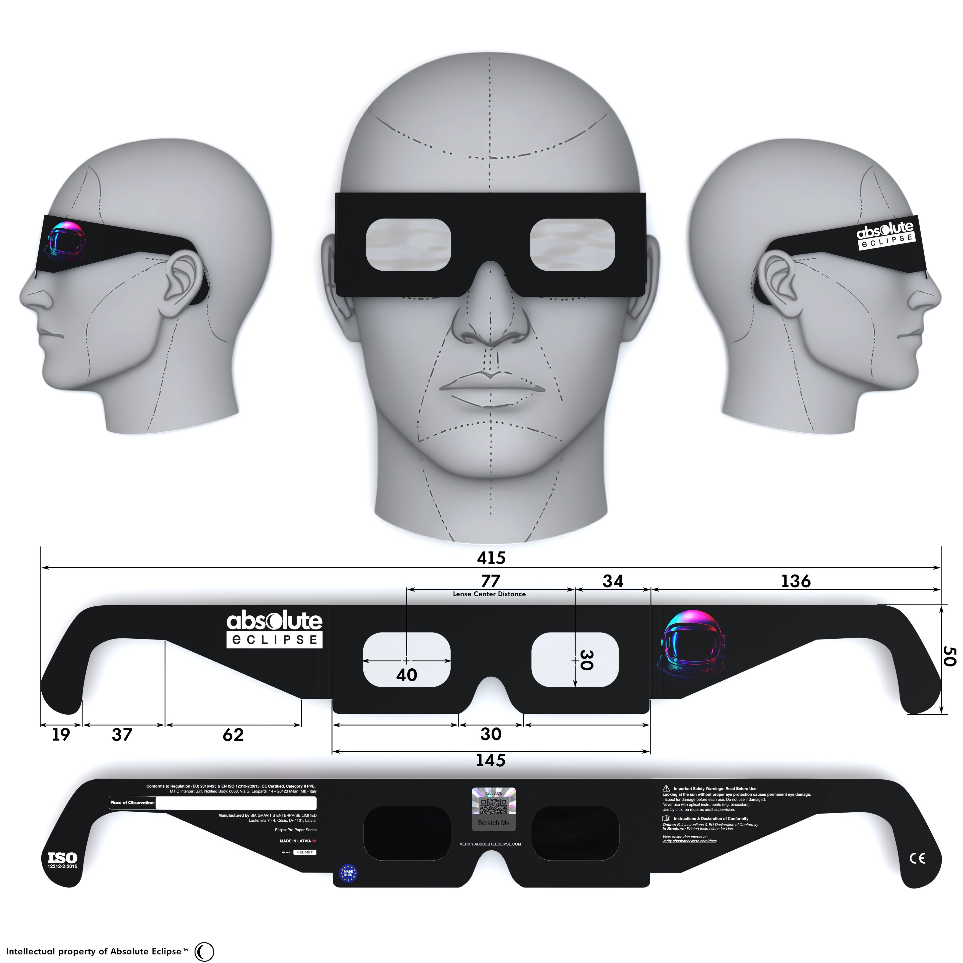 Solar Eclipse Glasses with Helmet design, CE Certified and ISO Compliant - Back and Front View