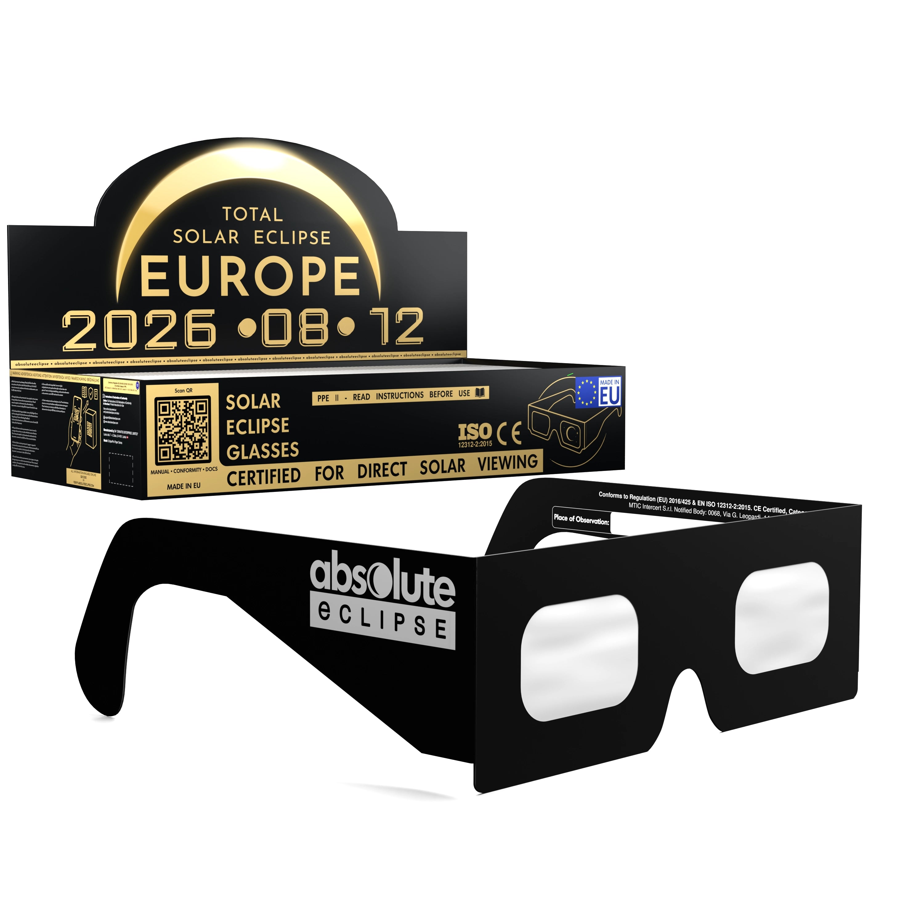 Solar Eclipse Glasses with Helmet design, CE Certified and ISO Compliant - Packaging Image of 100-Pack