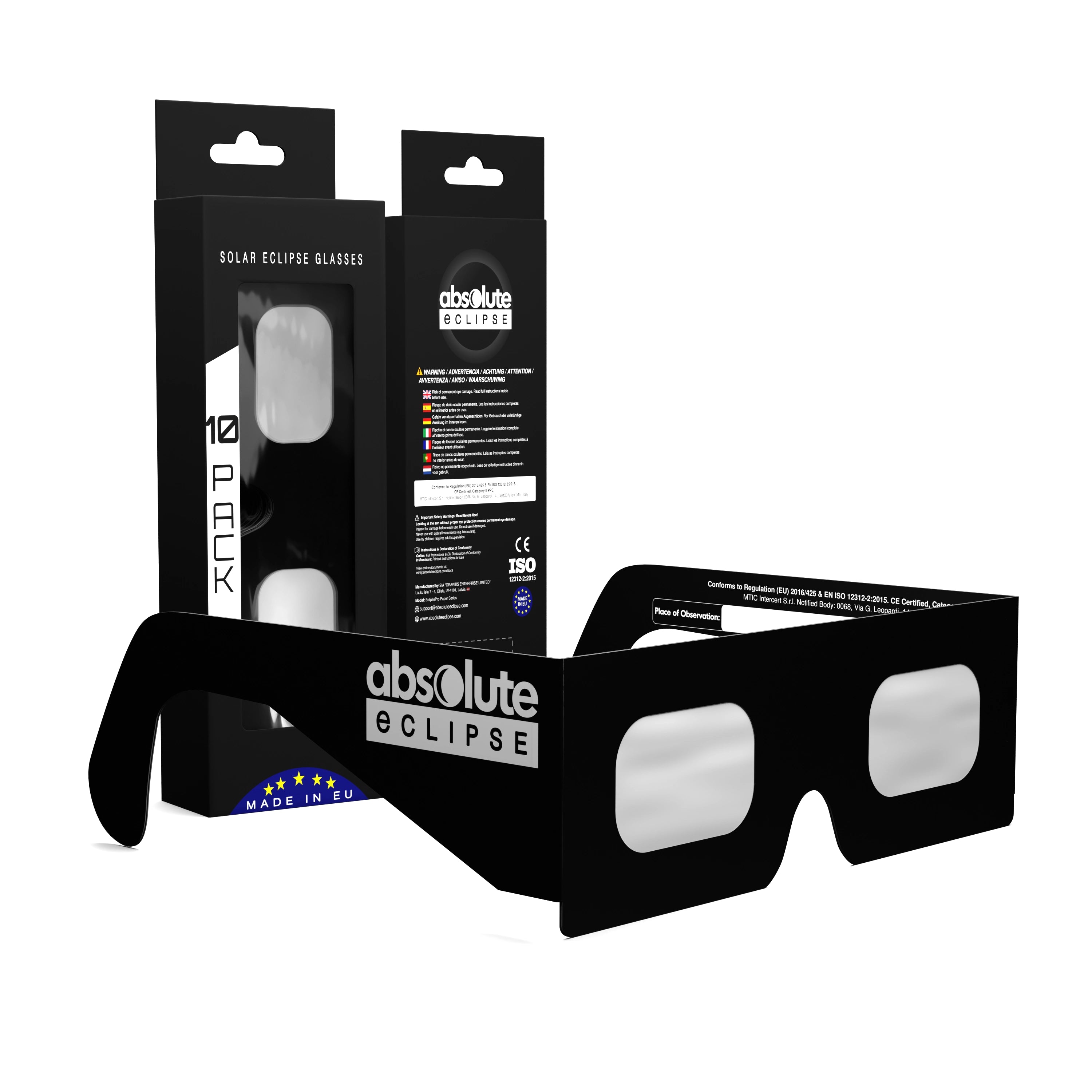 Solar Eclipse Glasses with Helmet design, CE Certified and ISO Compliant - Packaging Image of 10-Pack