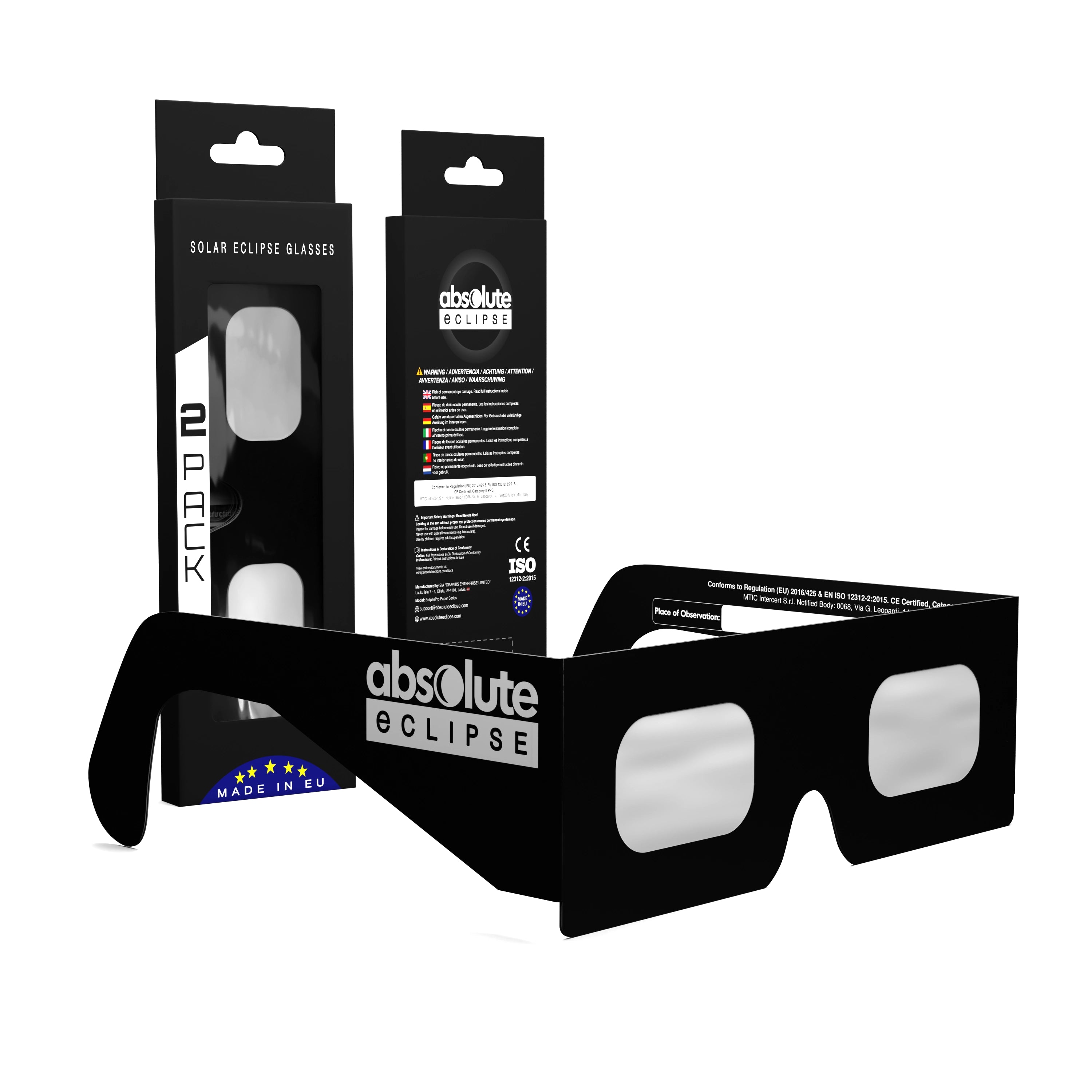 Solar Eclipse Glasses with Helmet design, CE Certified and ISO Compliant - Packaging Image of 2-Pack