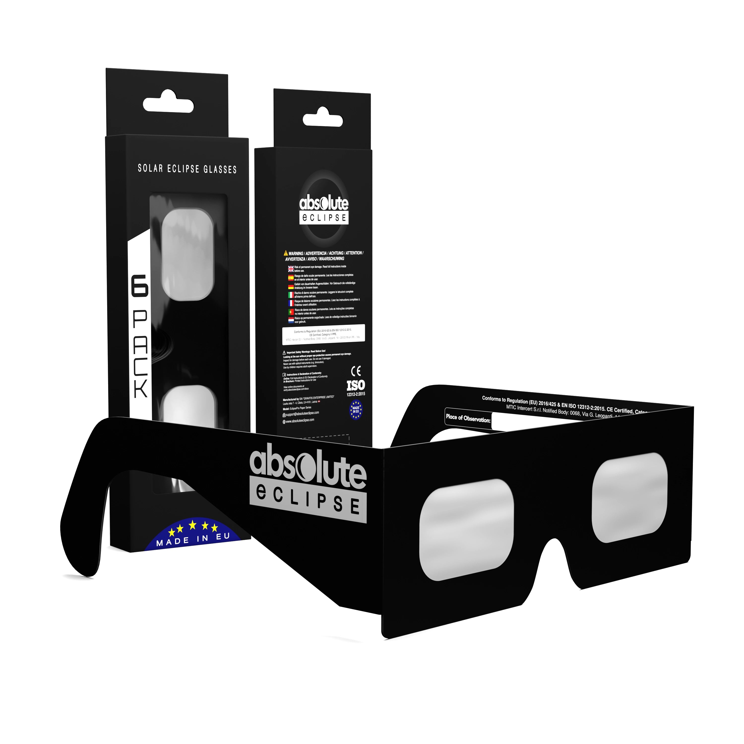 Solar Eclipse Glasses with Helmet design, CE Certified and ISO Compliant - Packaging Image of 6-Pack