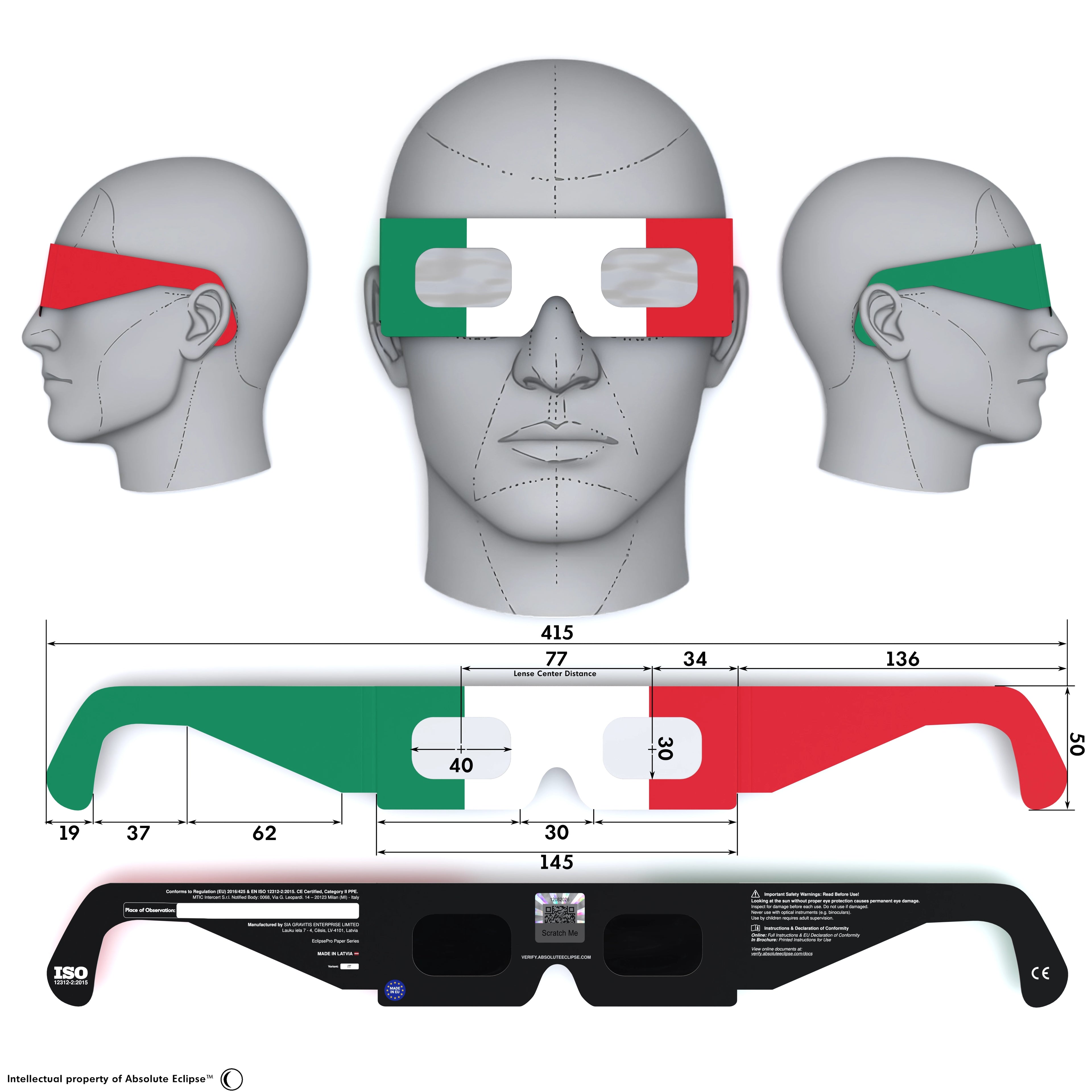 Solar Eclipse Glasses with IT design, CE Certified and ISO Compliant - Back and Front View
