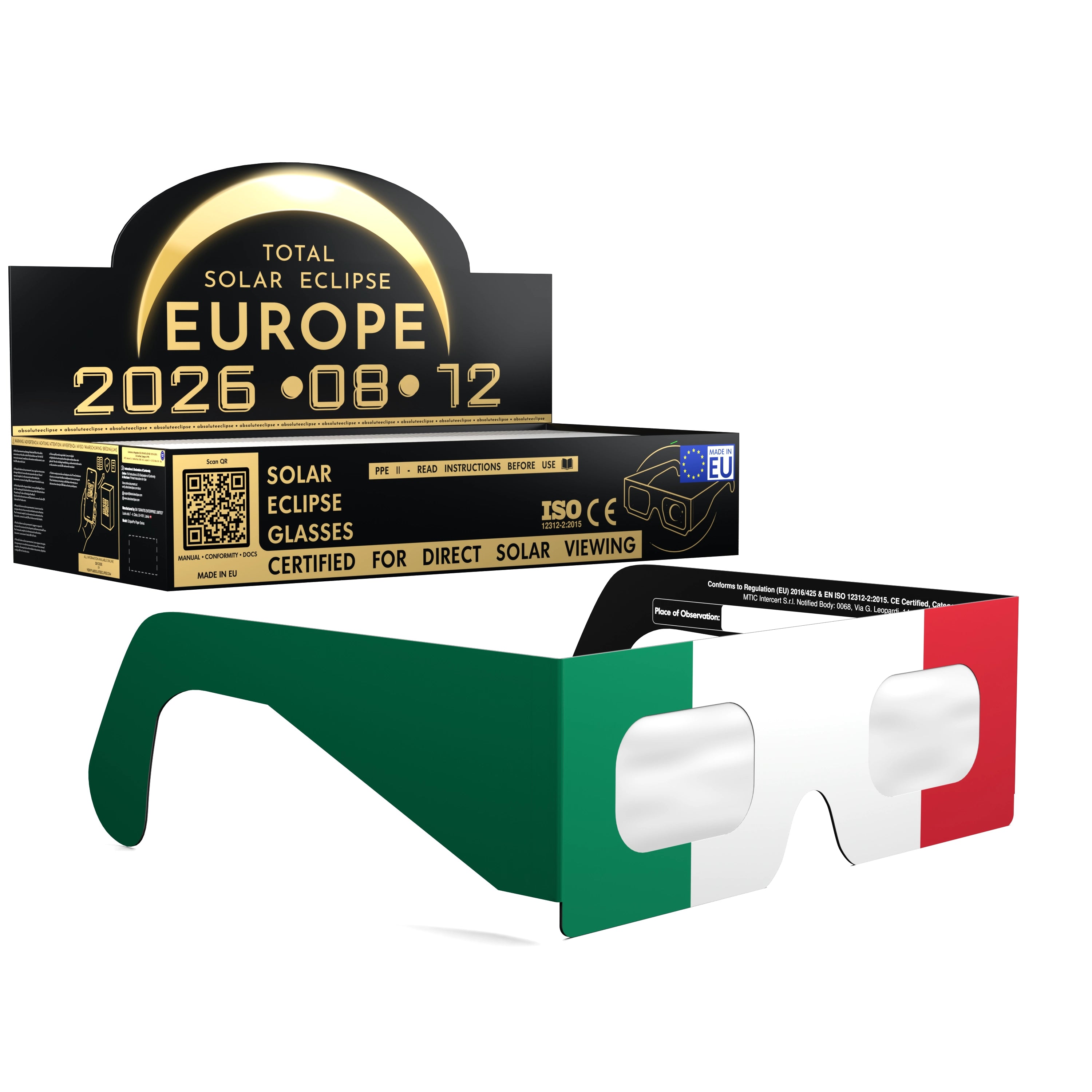 Solar Eclipse Glasses with IT design, CE Certified and ISO Compliant - Packaging Image of 100-Pack