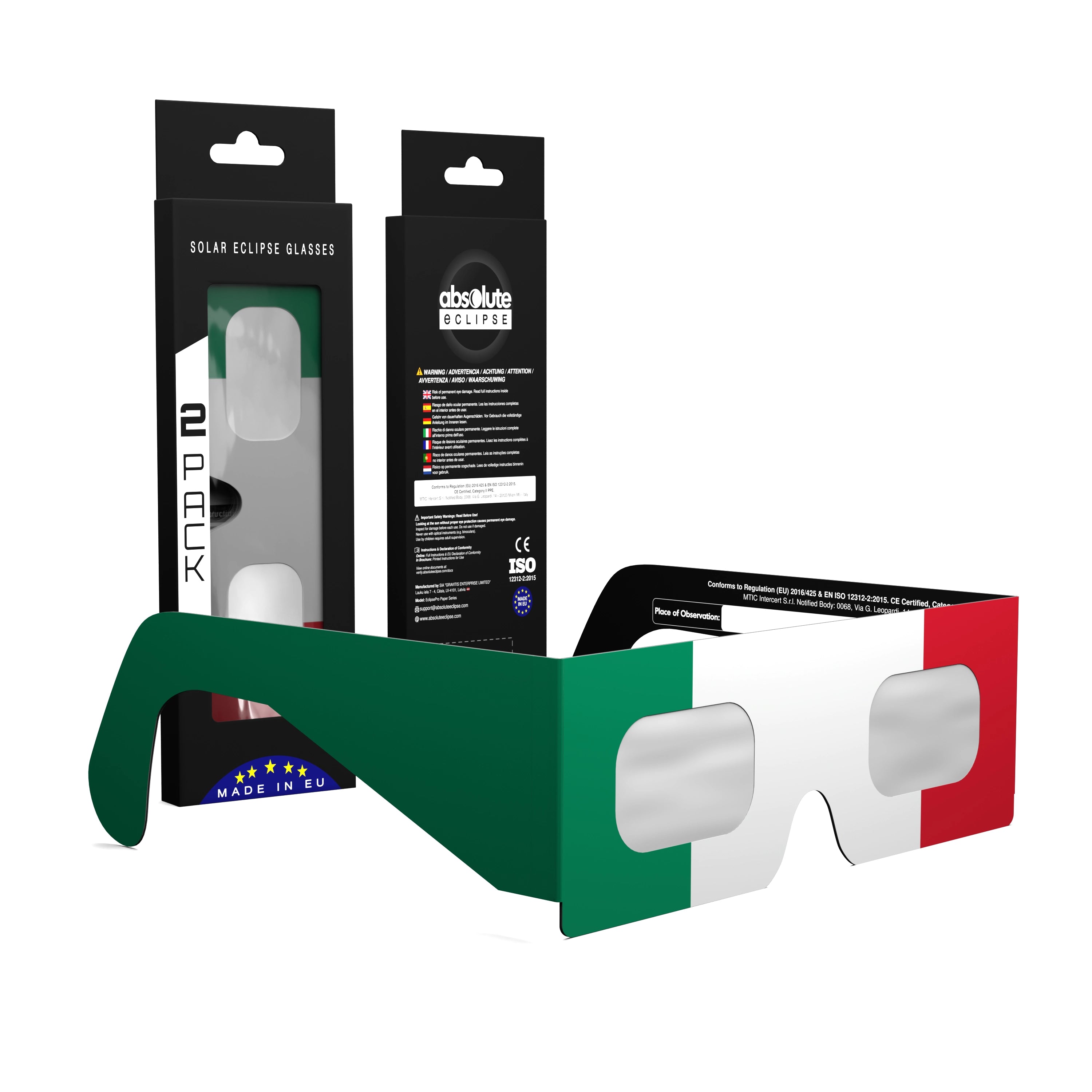 Solar Eclipse Glasses with IT design, CE Certified and ISO Compliant - Packaging Image of 2-Pack